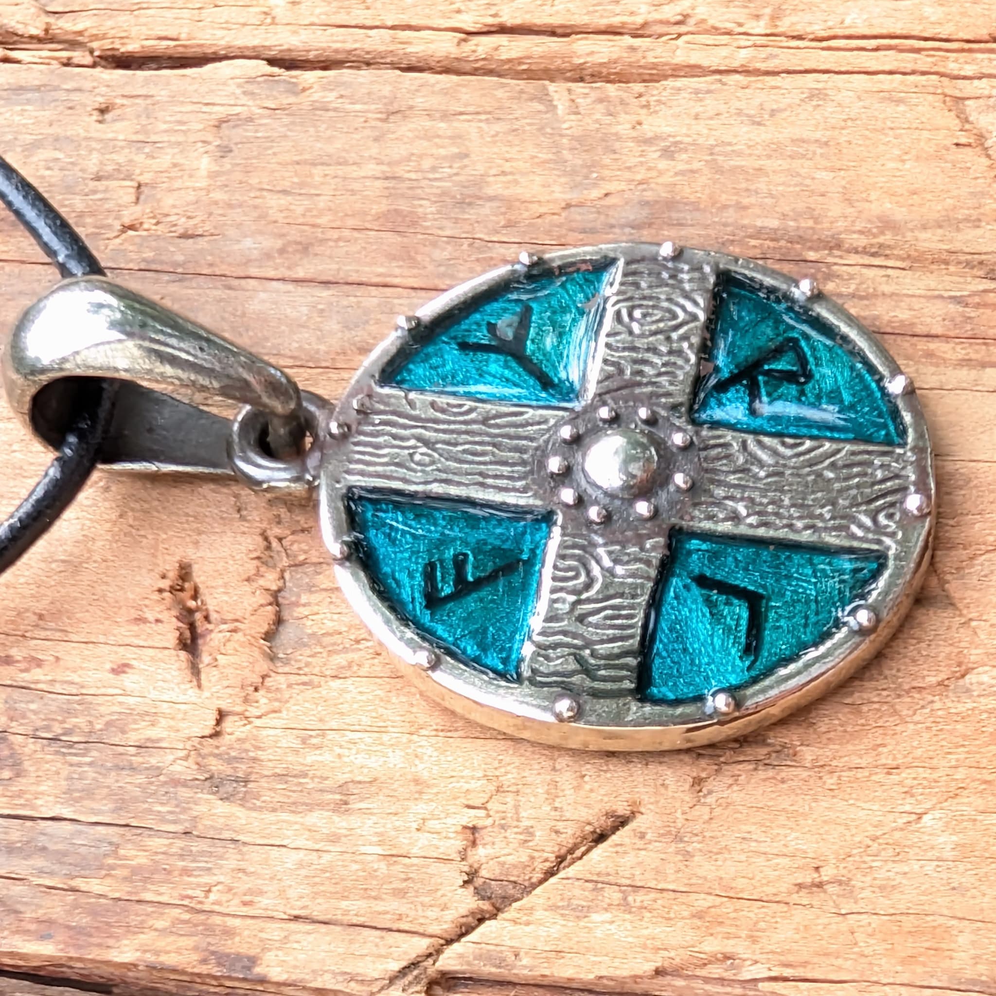 Viking Shield Pendant with Runes – Turquoise Enamel Pewter Amulet
