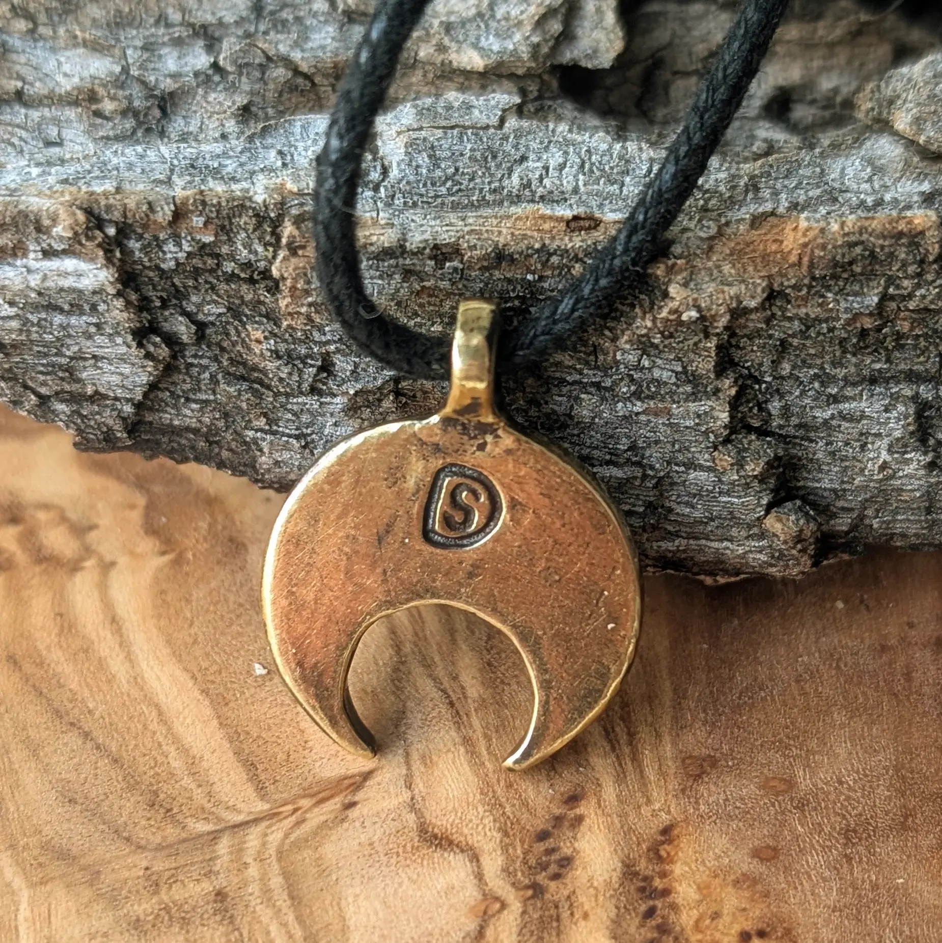 Viking / Slavic Lunula Pendant with Yellow & Green Enamel in Brass