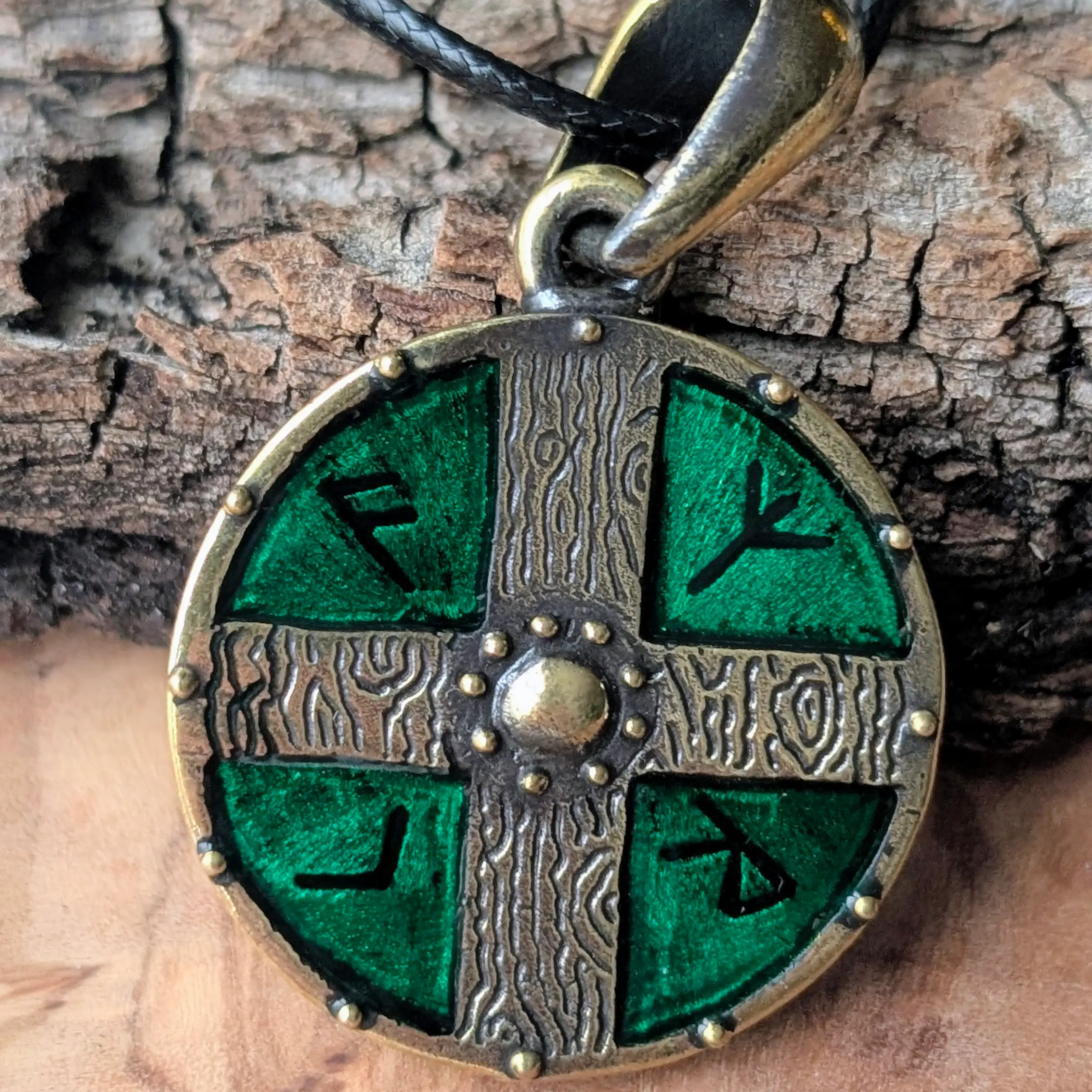 Viking Shield Pendant with Green Enamel in Brass