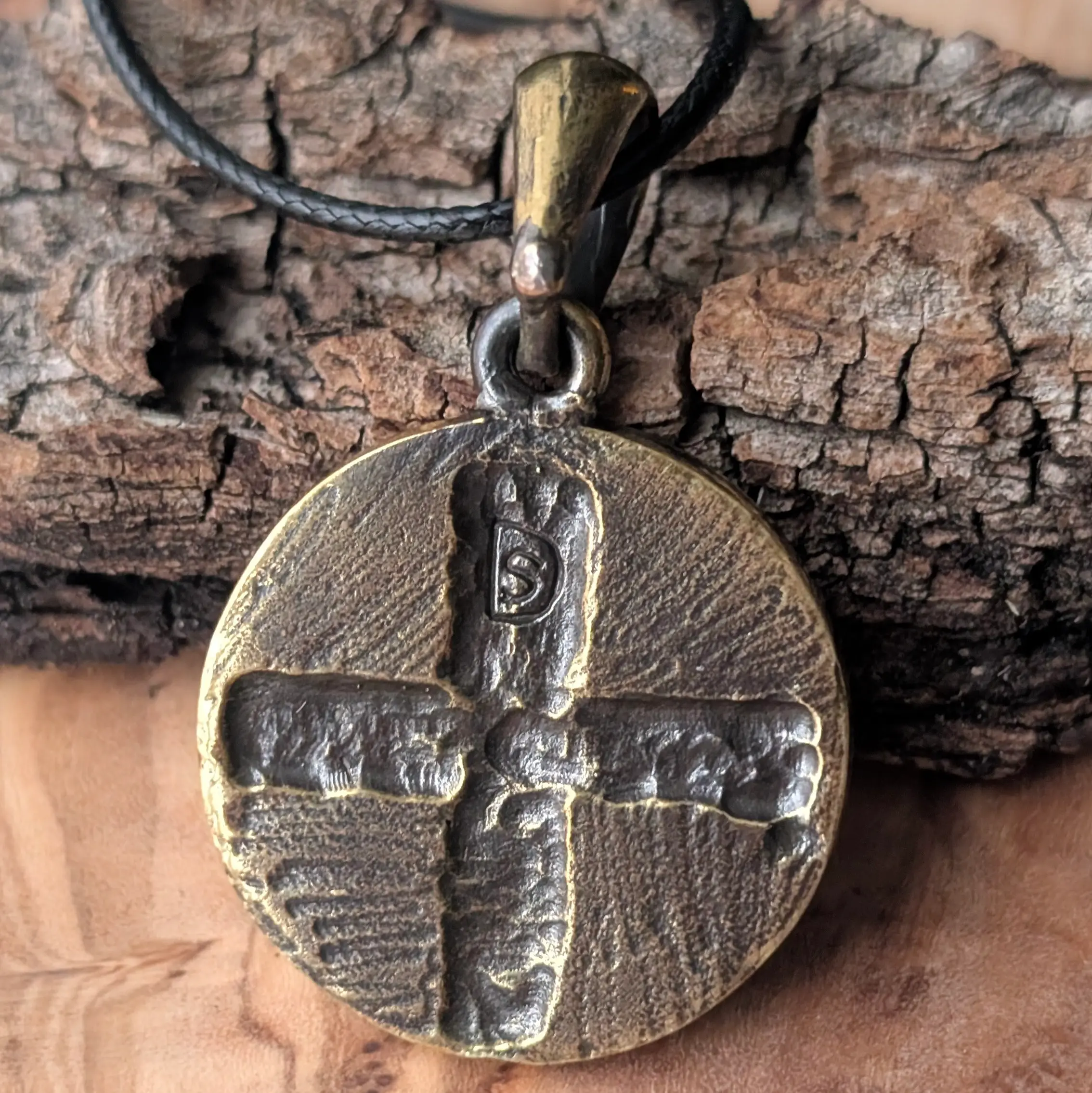 Viking Shield Pendant with Green Enamel in Brass