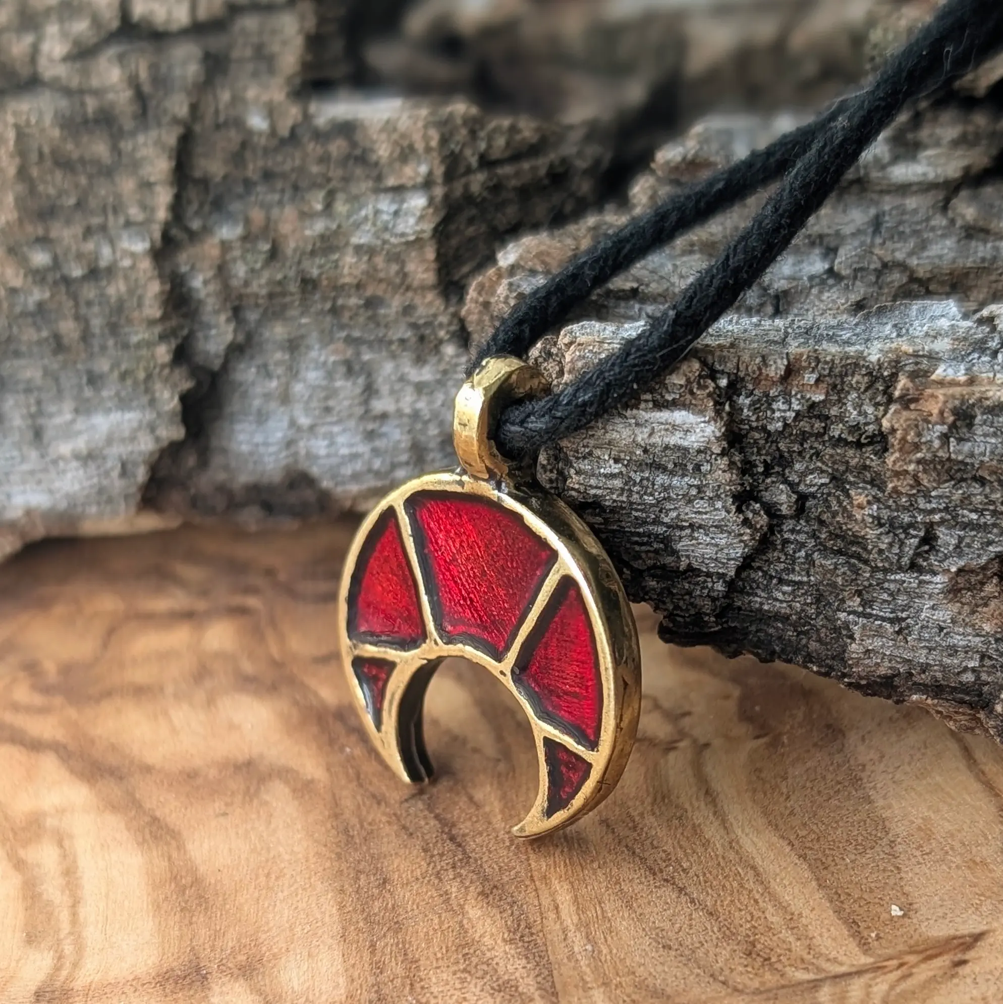 Viking / Slavic Lunula Pendant with Red Enamel in Brass