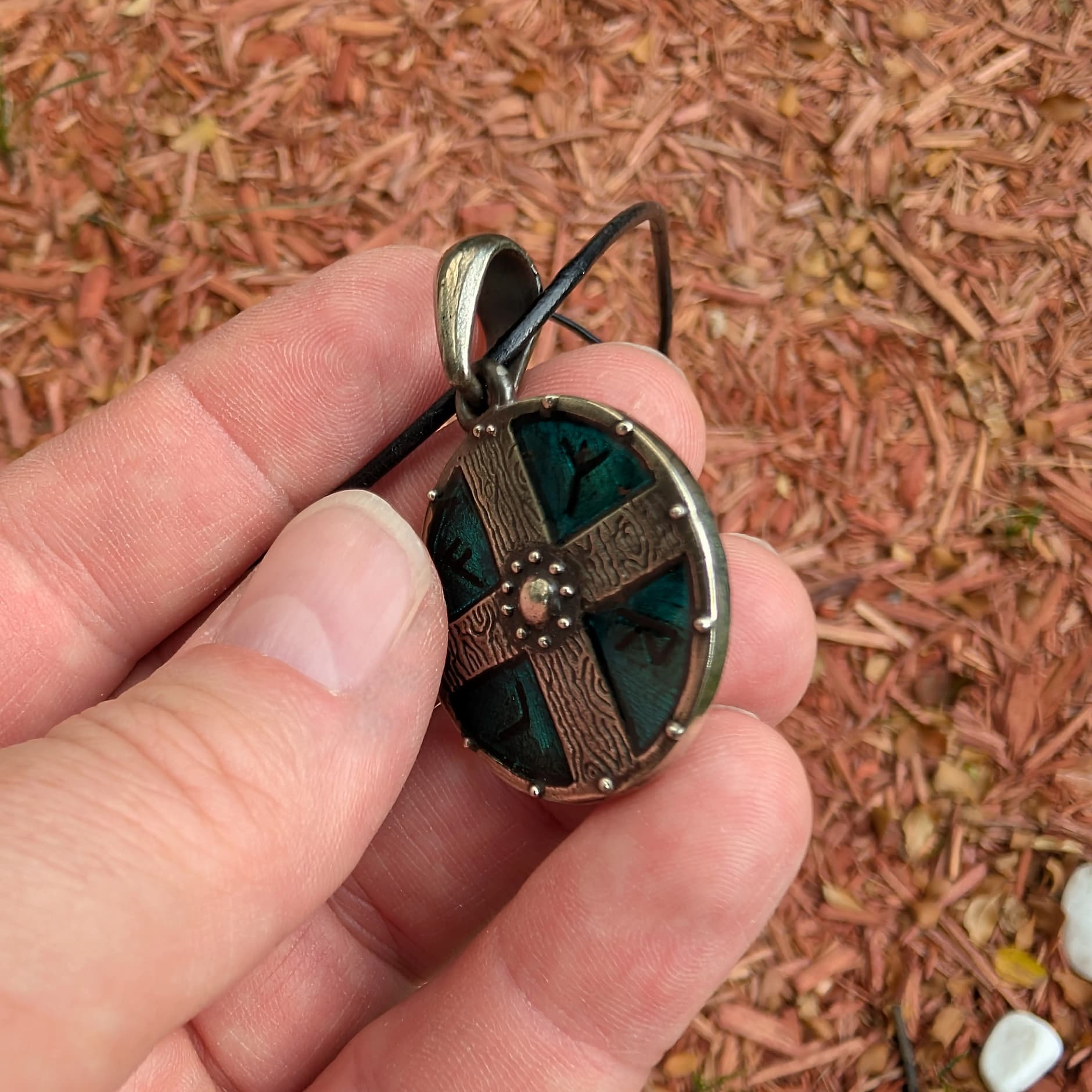 Viking Shield Pendant with Runes – Turquoise Enamel Pewter Amulet