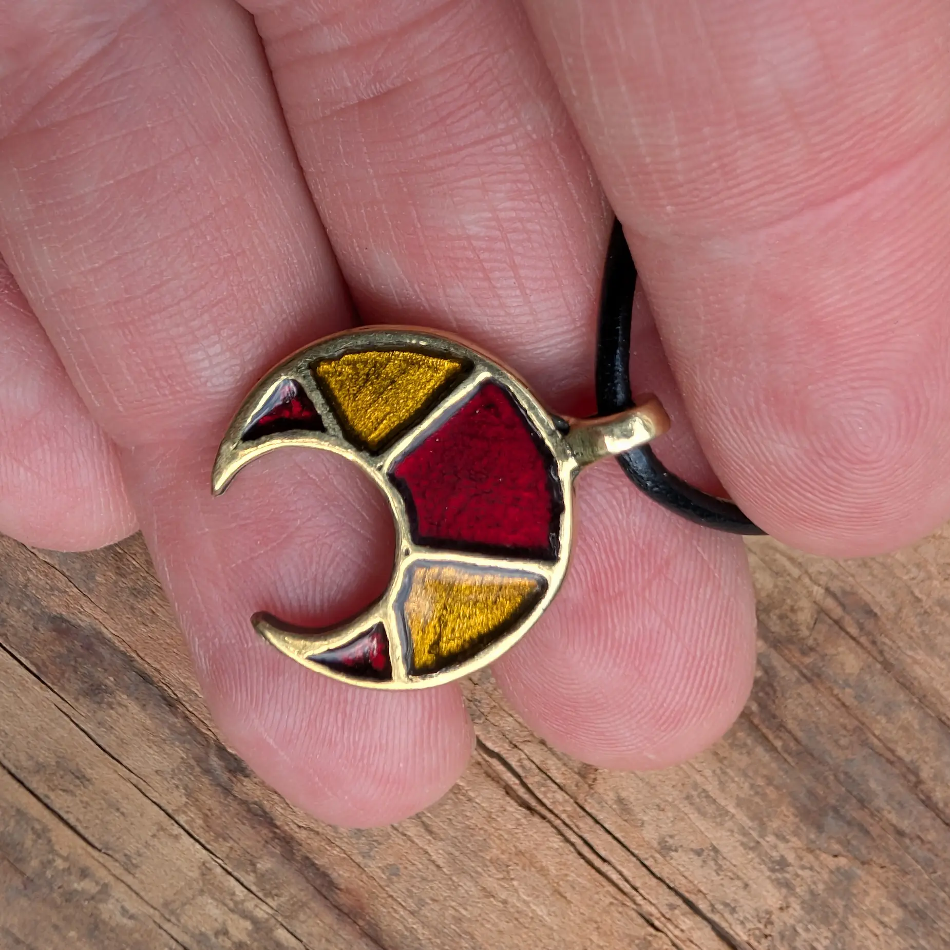 Viking / Slavic Lunula Pendant with Red and Yellow Enamel in Brass