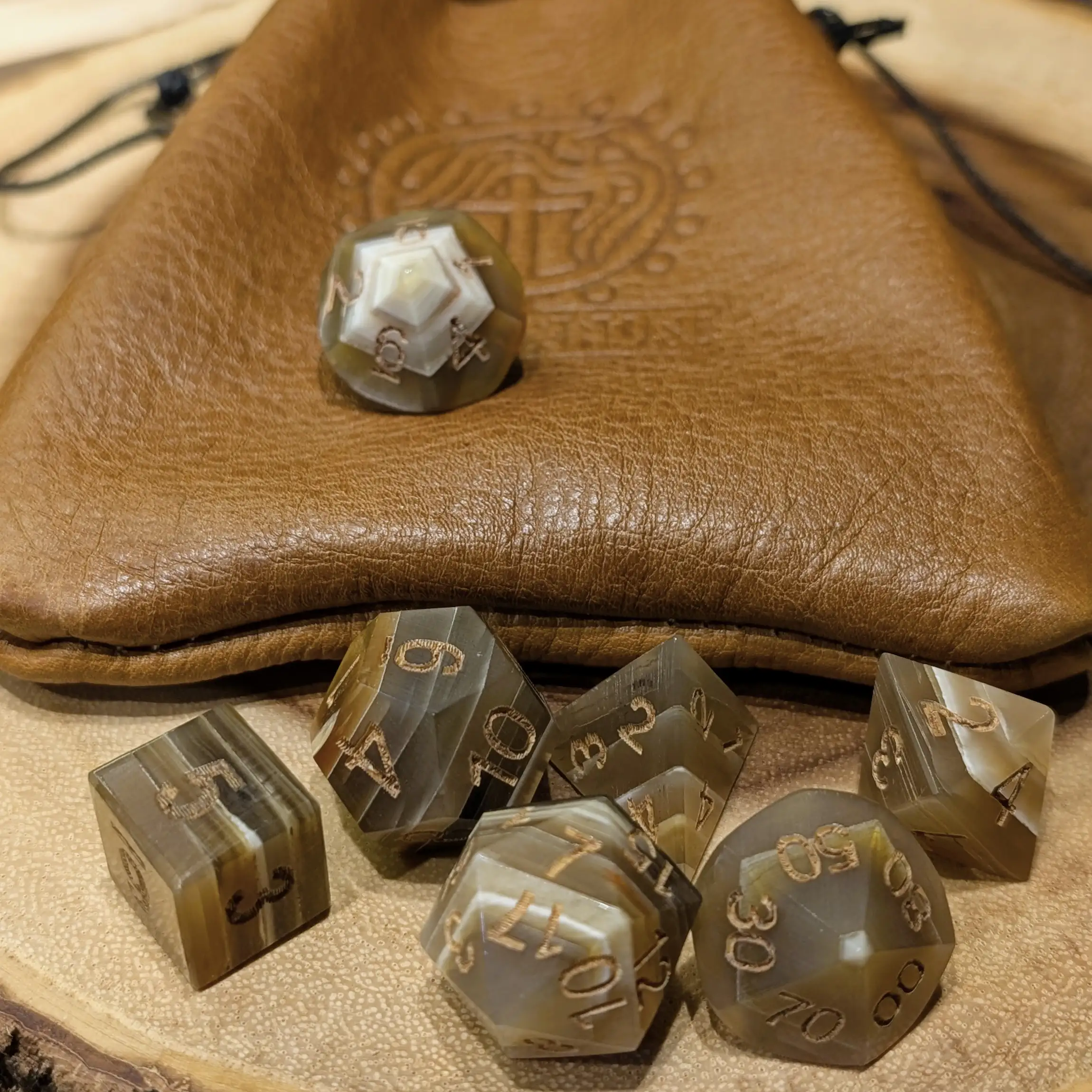 Hand-Carved Onyx Ox Horn Dice Set for DnD & Tabletop RPGs