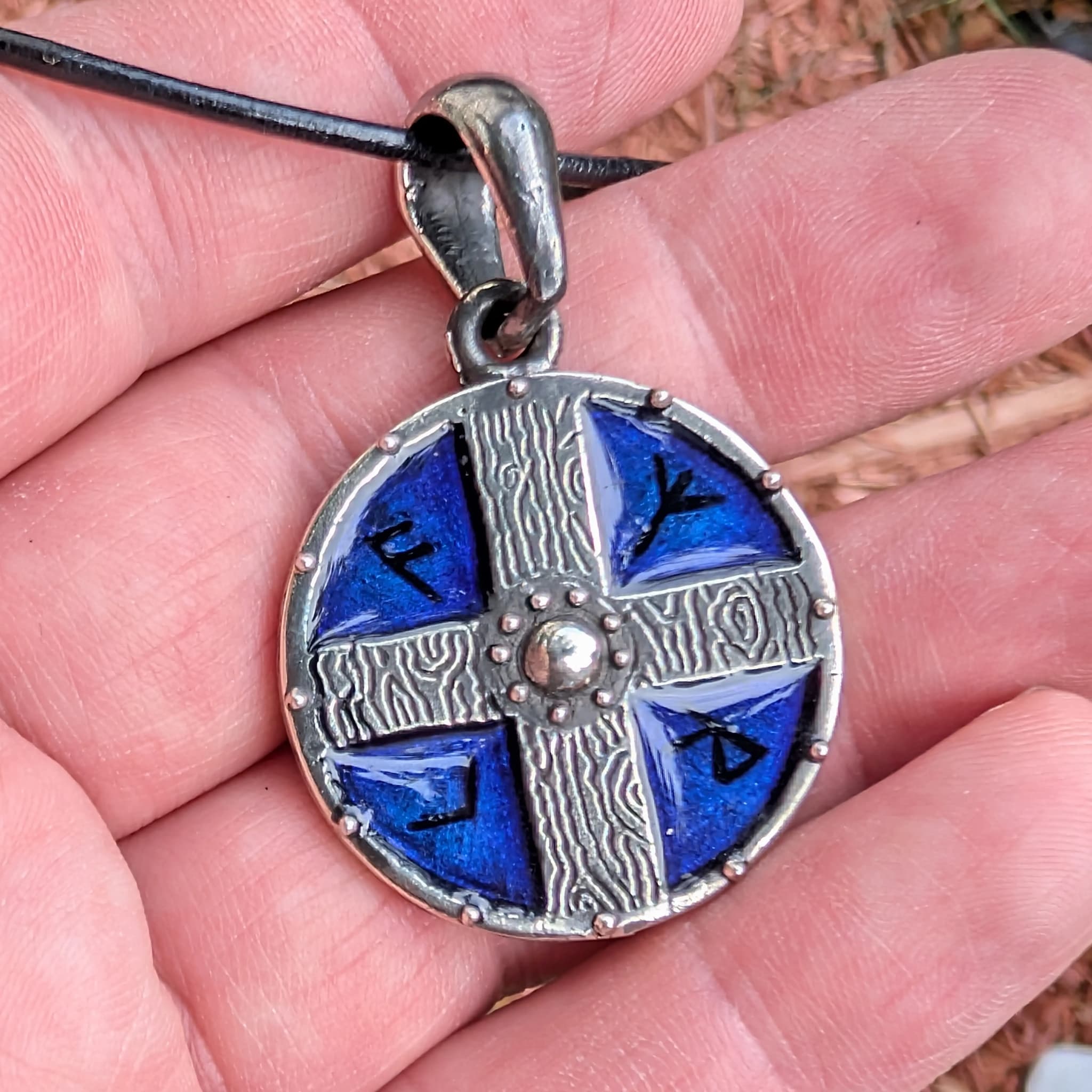 Viking Shield Pendant with Runes – Blue Enamel Pewter Amulet