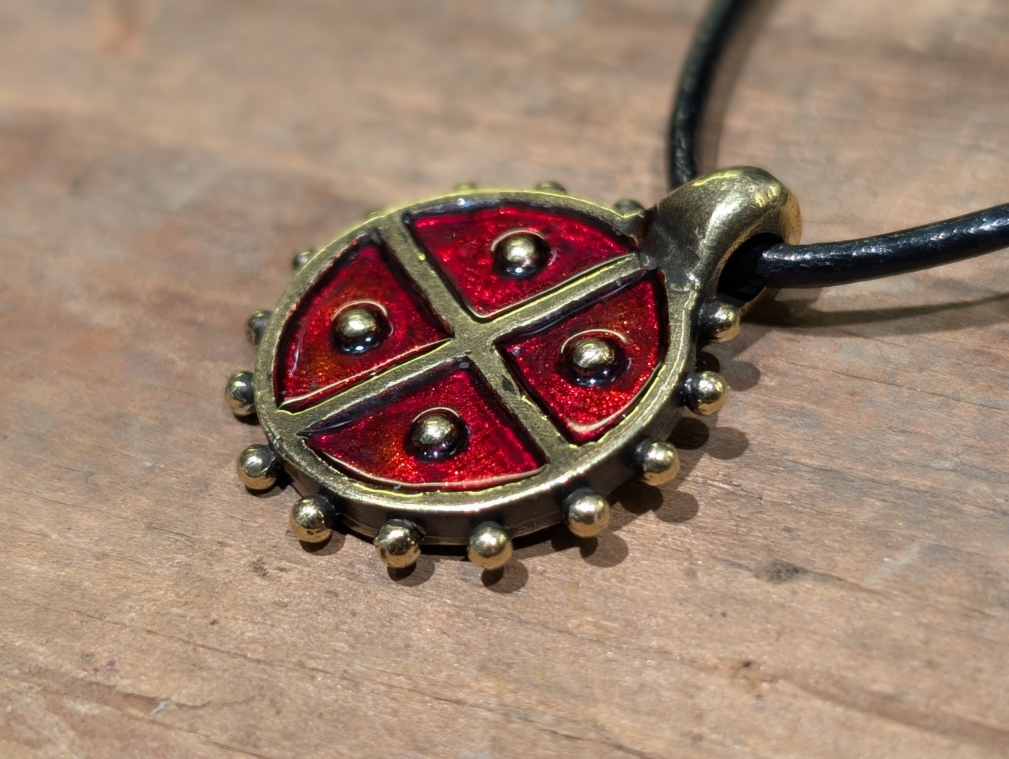 Hand-Cast Solar Amulet / Sun Cross with Red Enamel