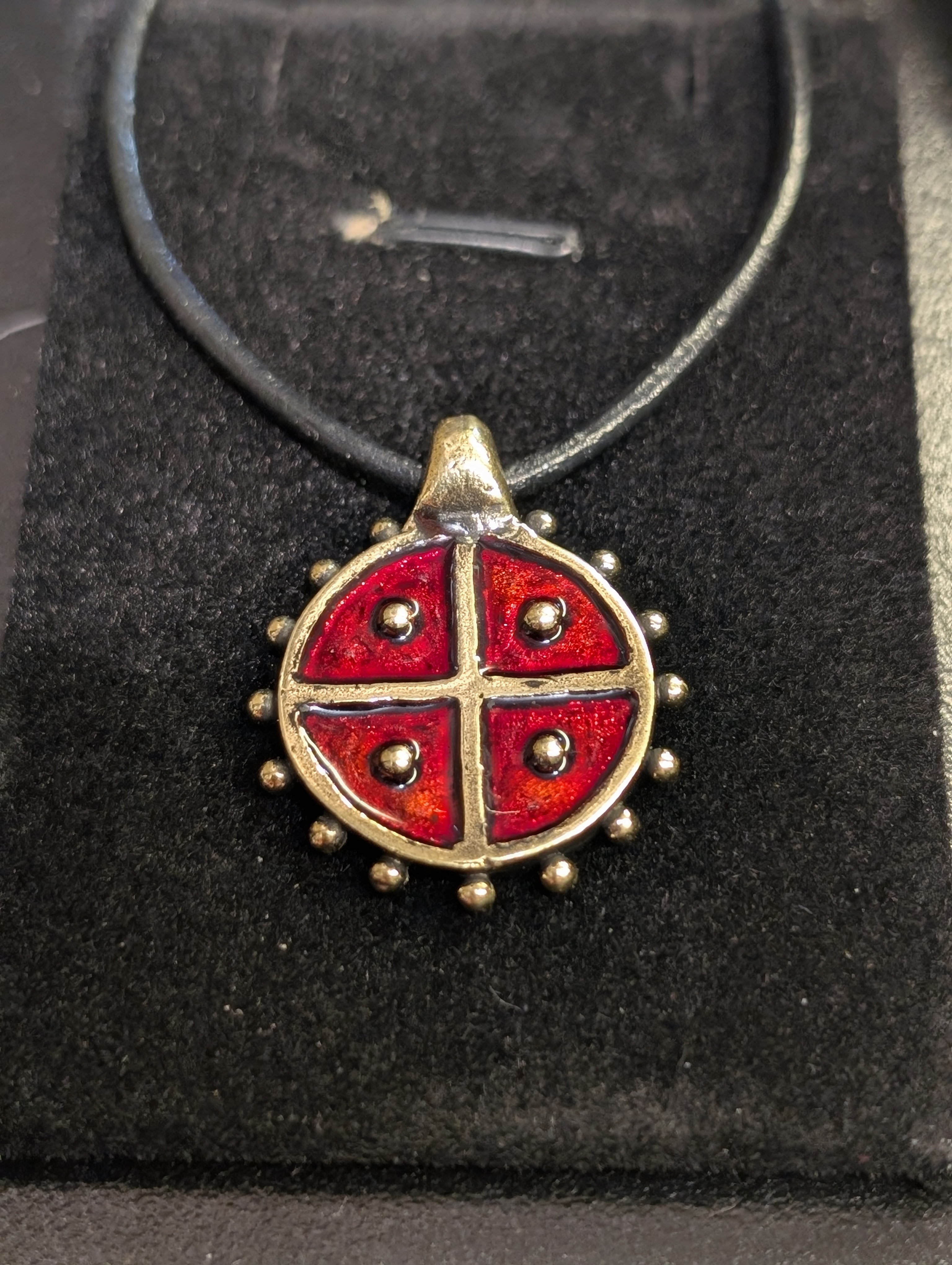Hand-Cast Solar Amulet / Sun Cross with Red Enamel