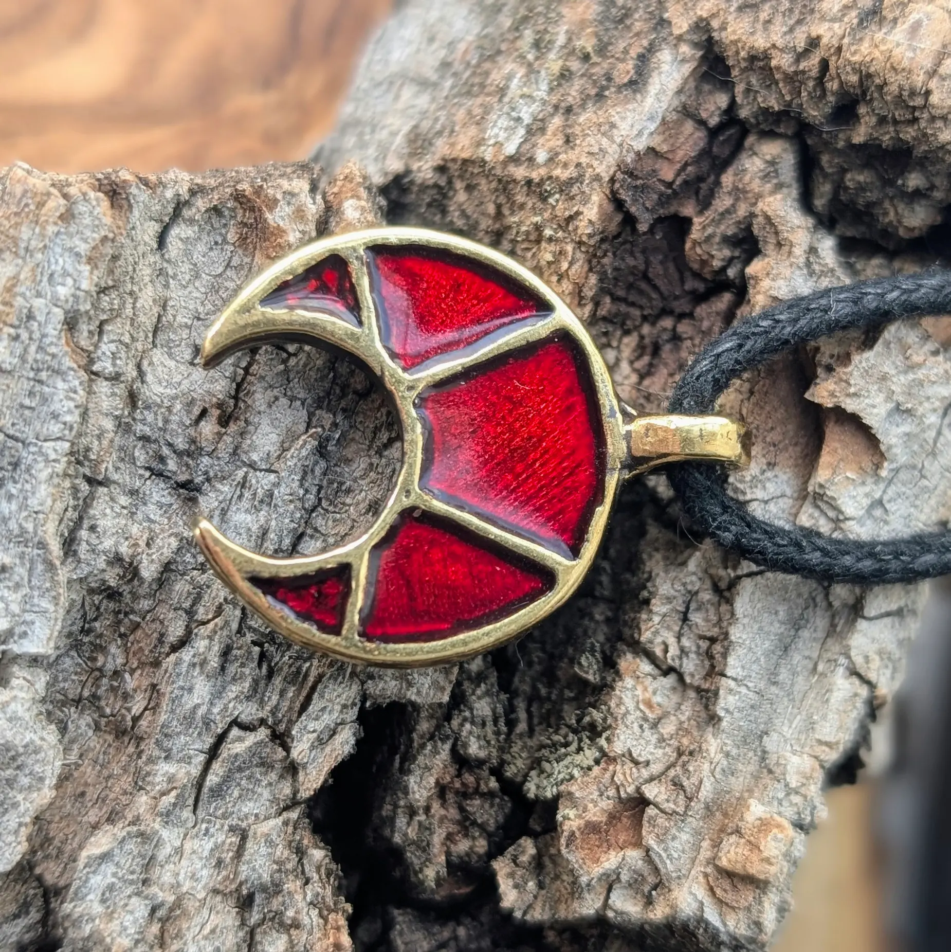 Viking / Slavic Lunula Pendant with Red Enamel in Brass