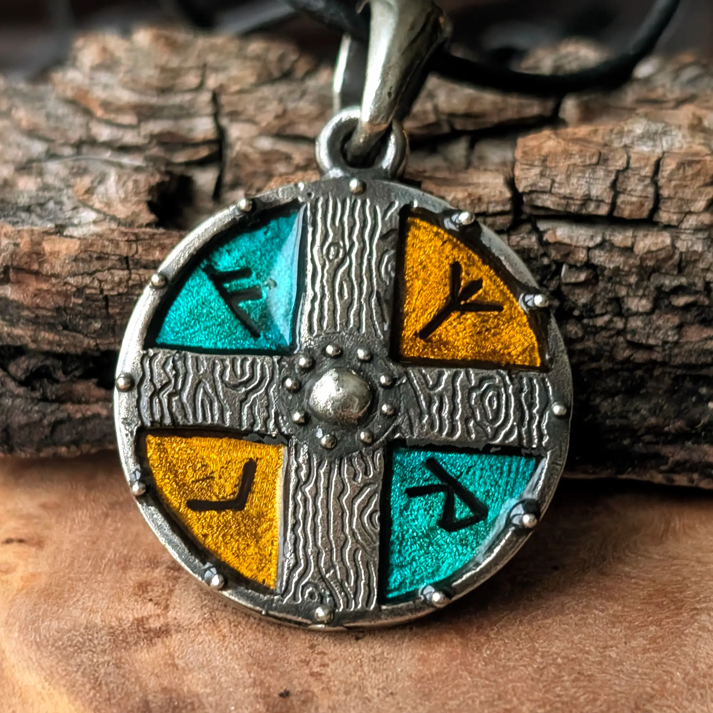 Viking Shield Pendant with Yellow-Green Enamel in Pewter