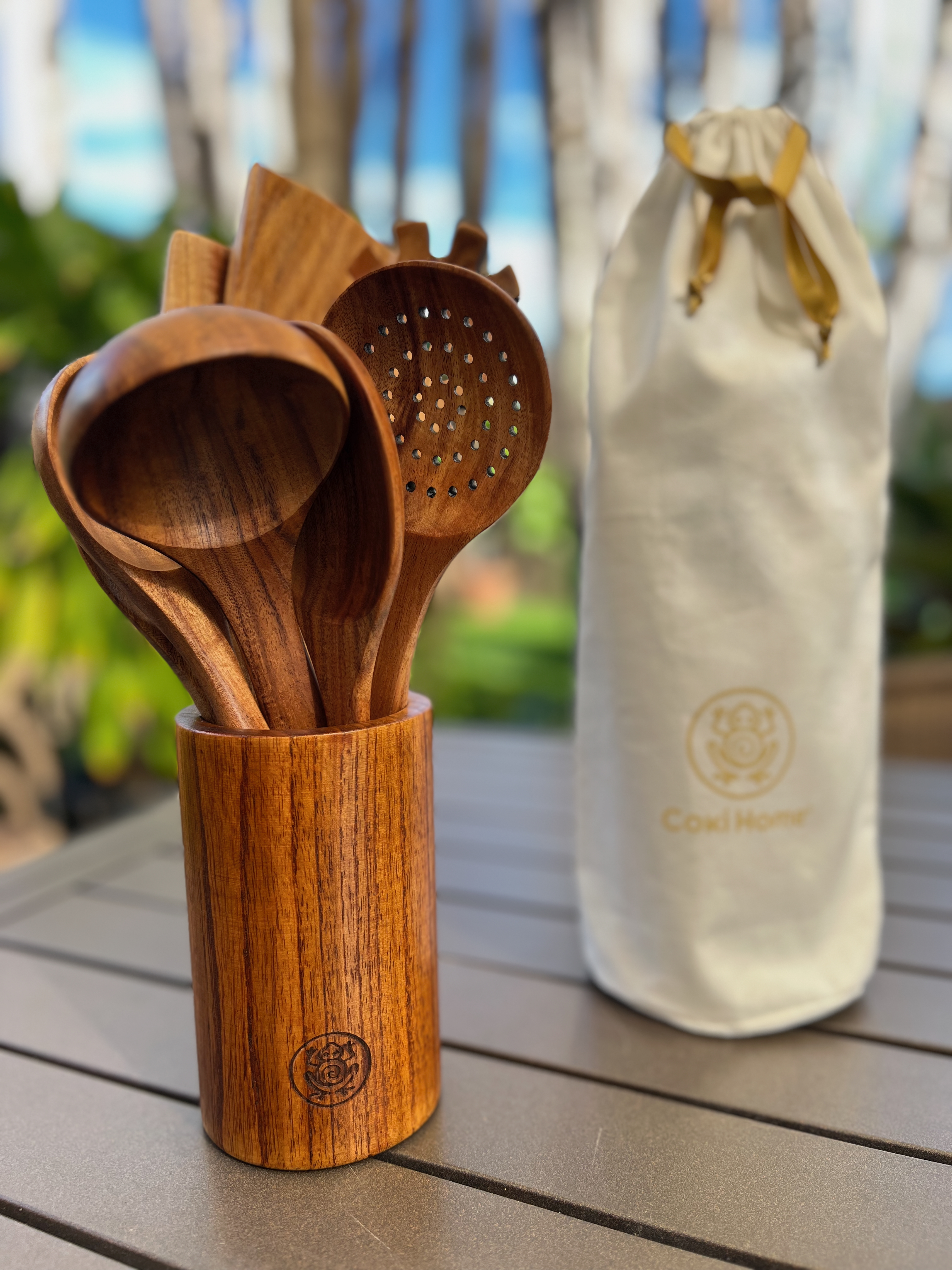 9 Piece Premium Teak Kitchen Utensils with Reusable Gift Bag and Holding Vase