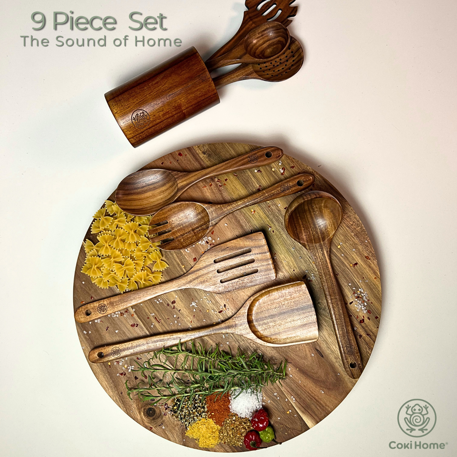 9 Piece Premium Teak Kitchen Utensils with Reusable Gift Bag and Holding Vase