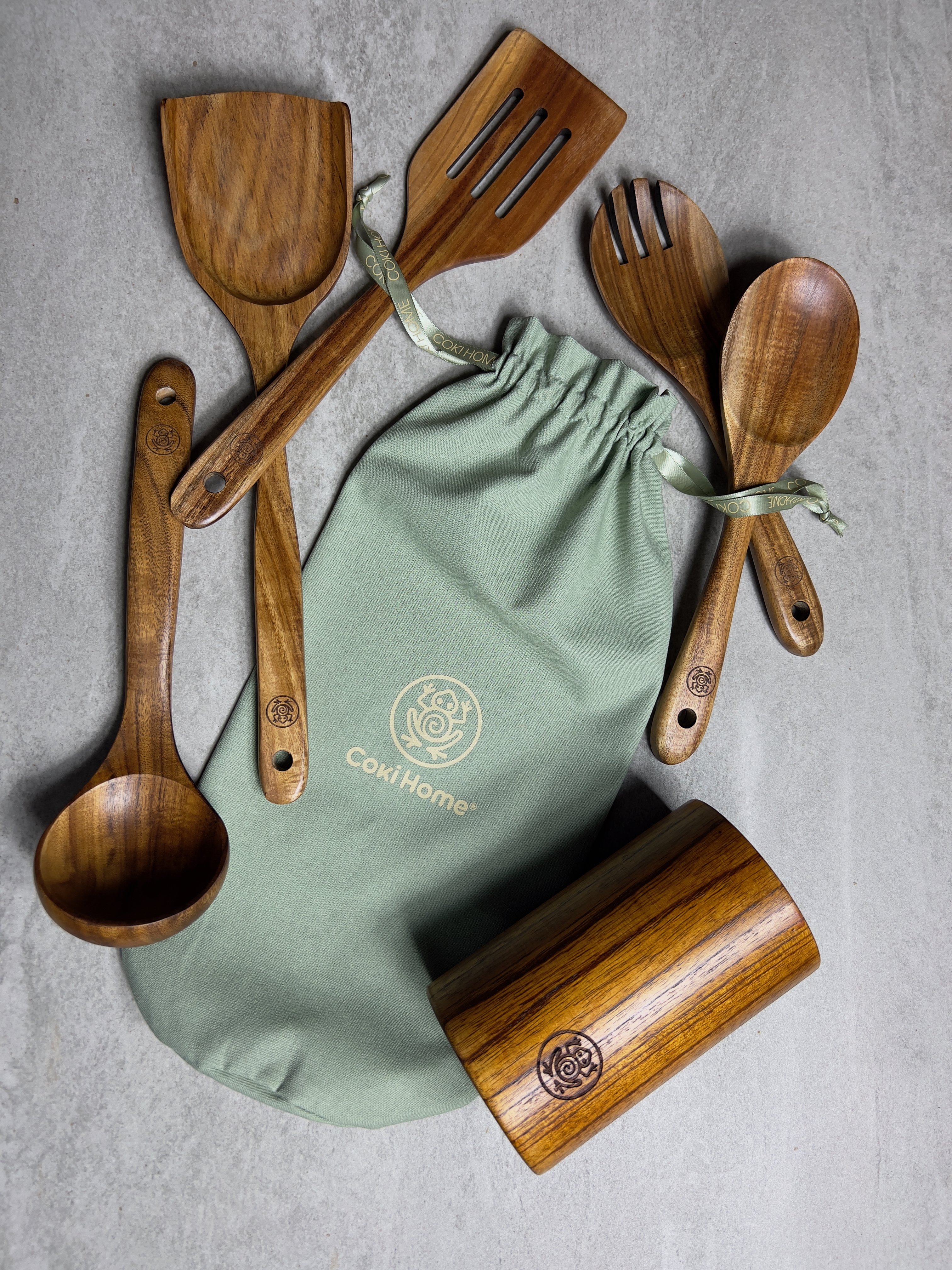 6 Piece Premium Teak Kitchen Utensils with Reusable Gift Bag and Holding Vase