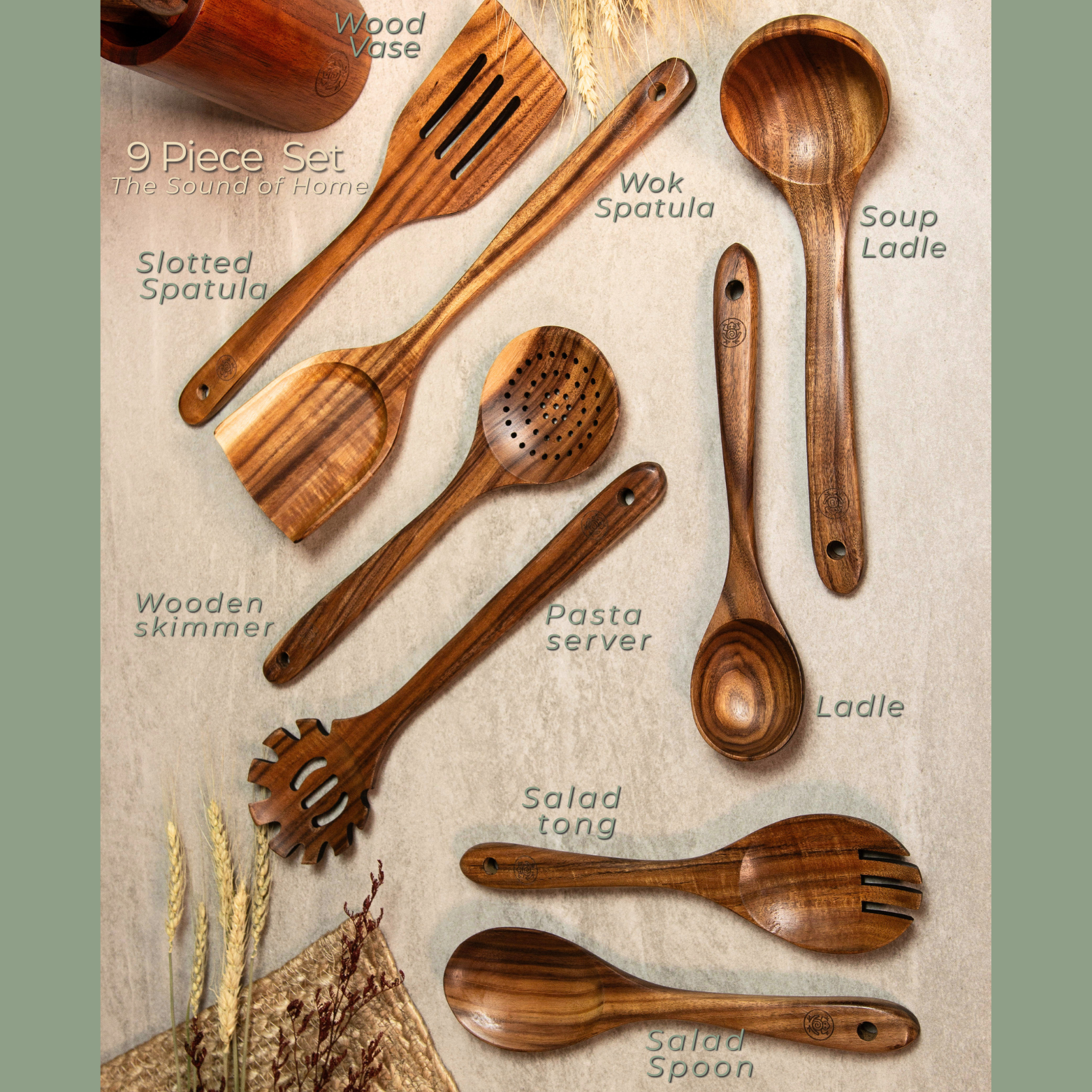 9 Piece Premium Teak Kitchen Utensils with Reusable Gift Bag and Holding Vase