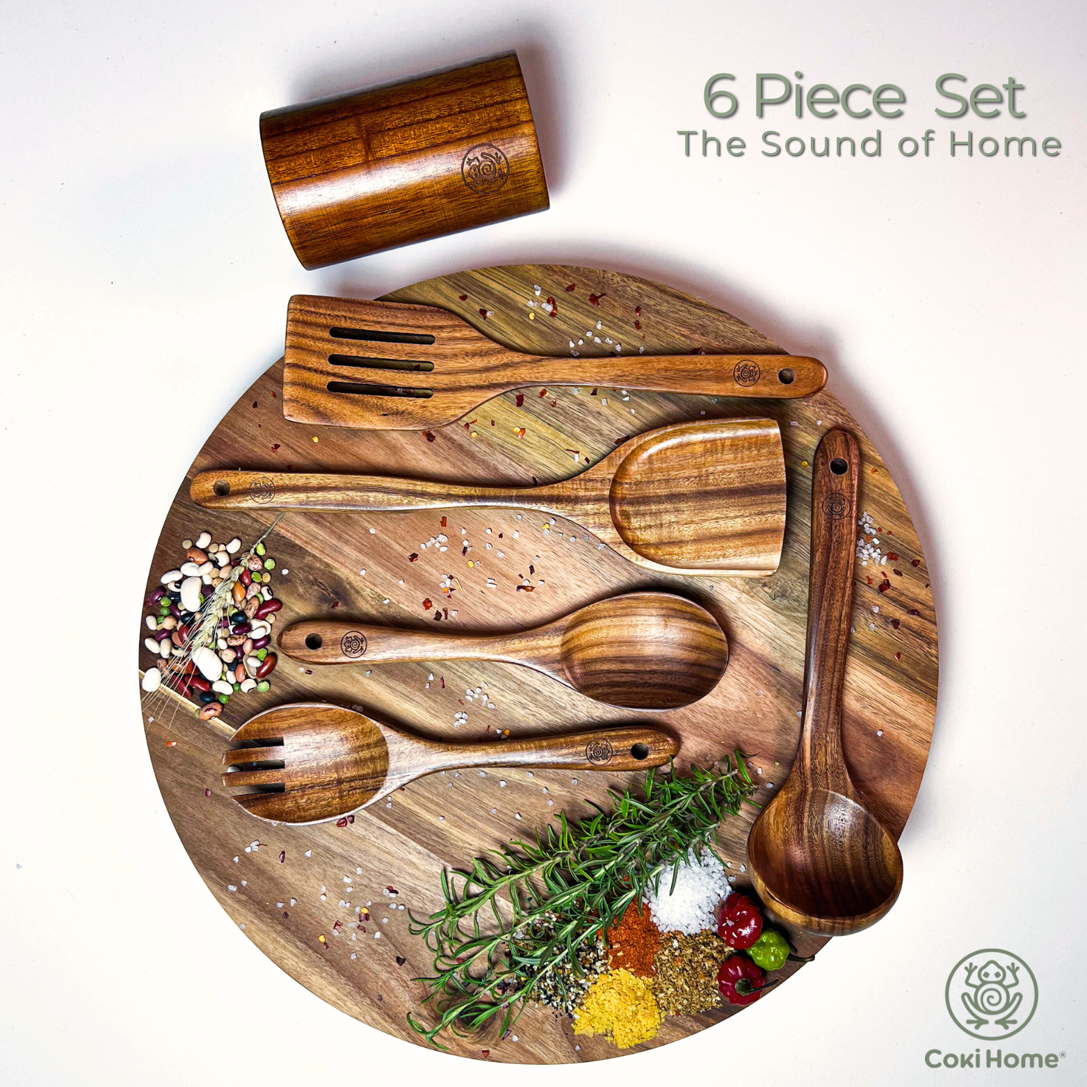 6 Piece Premium Teak Kitchen Utensils Set with Reusable Gift Bag and Holding Vase