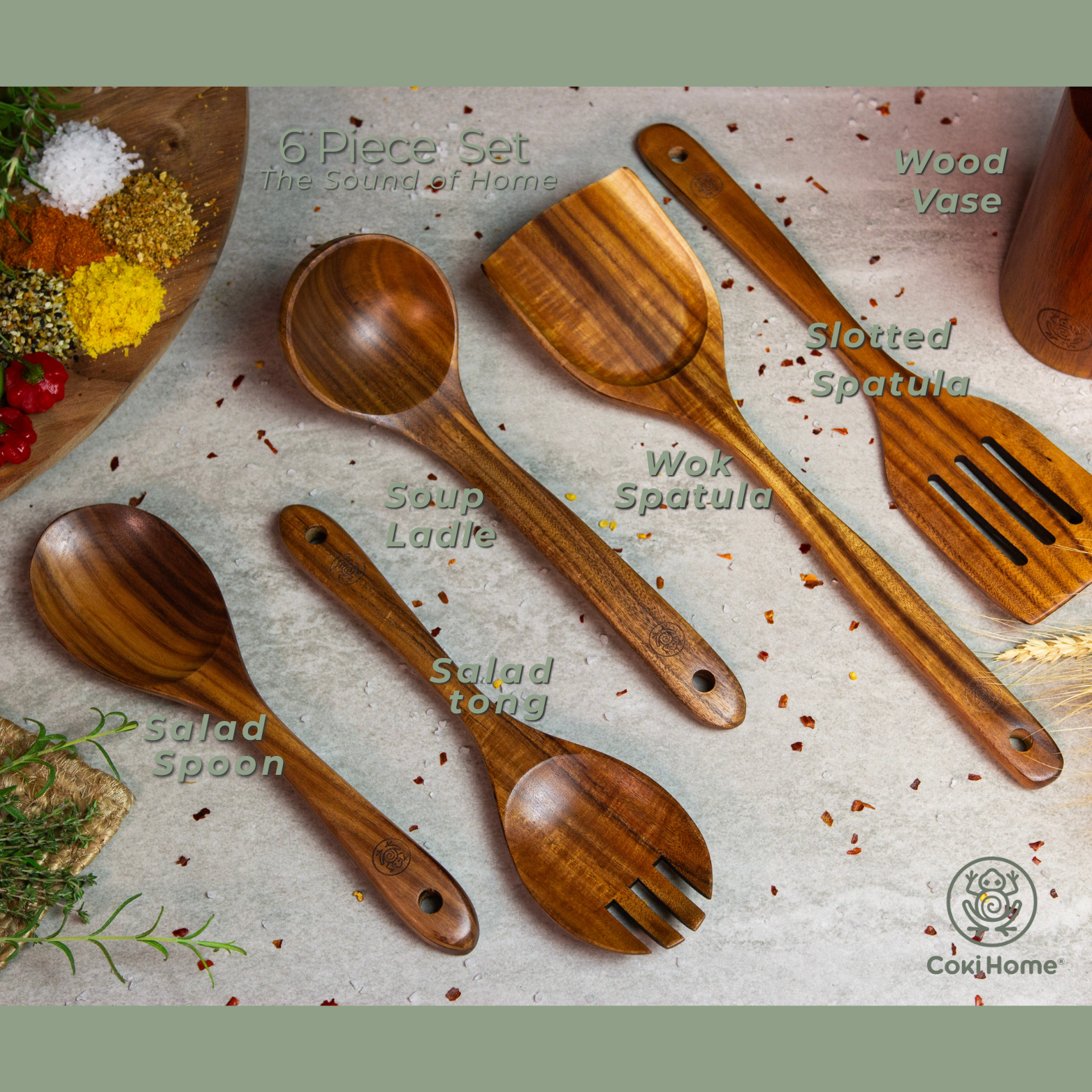PRE-ORDER //6 Piece Premium Teak Kitchen Utensils Set with Reusable Gift Bag and Holding Vase