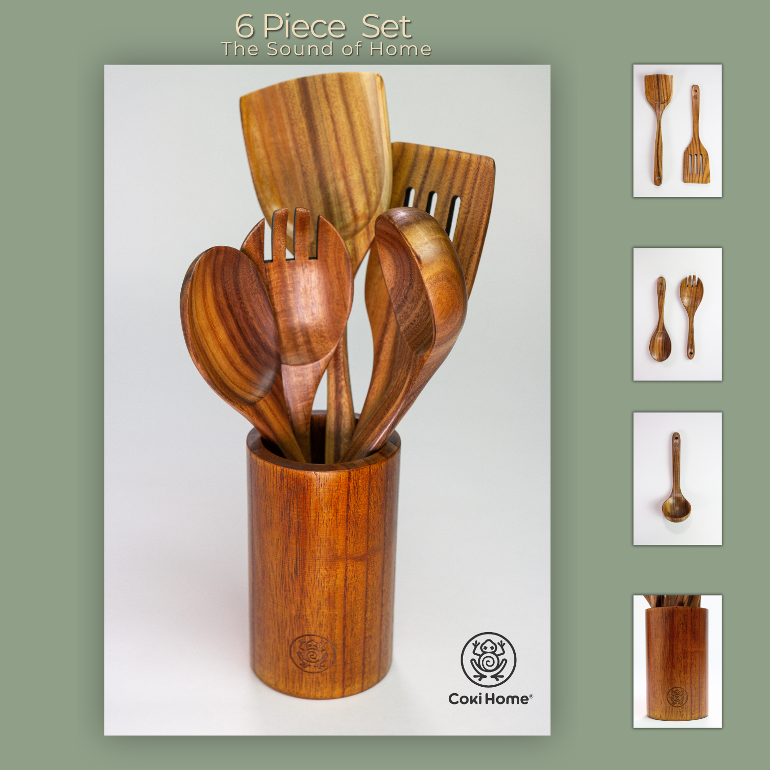 6 Piece Premium Teak Kitchen Utensils Set with Reusable Gift Bag and Holding Vase