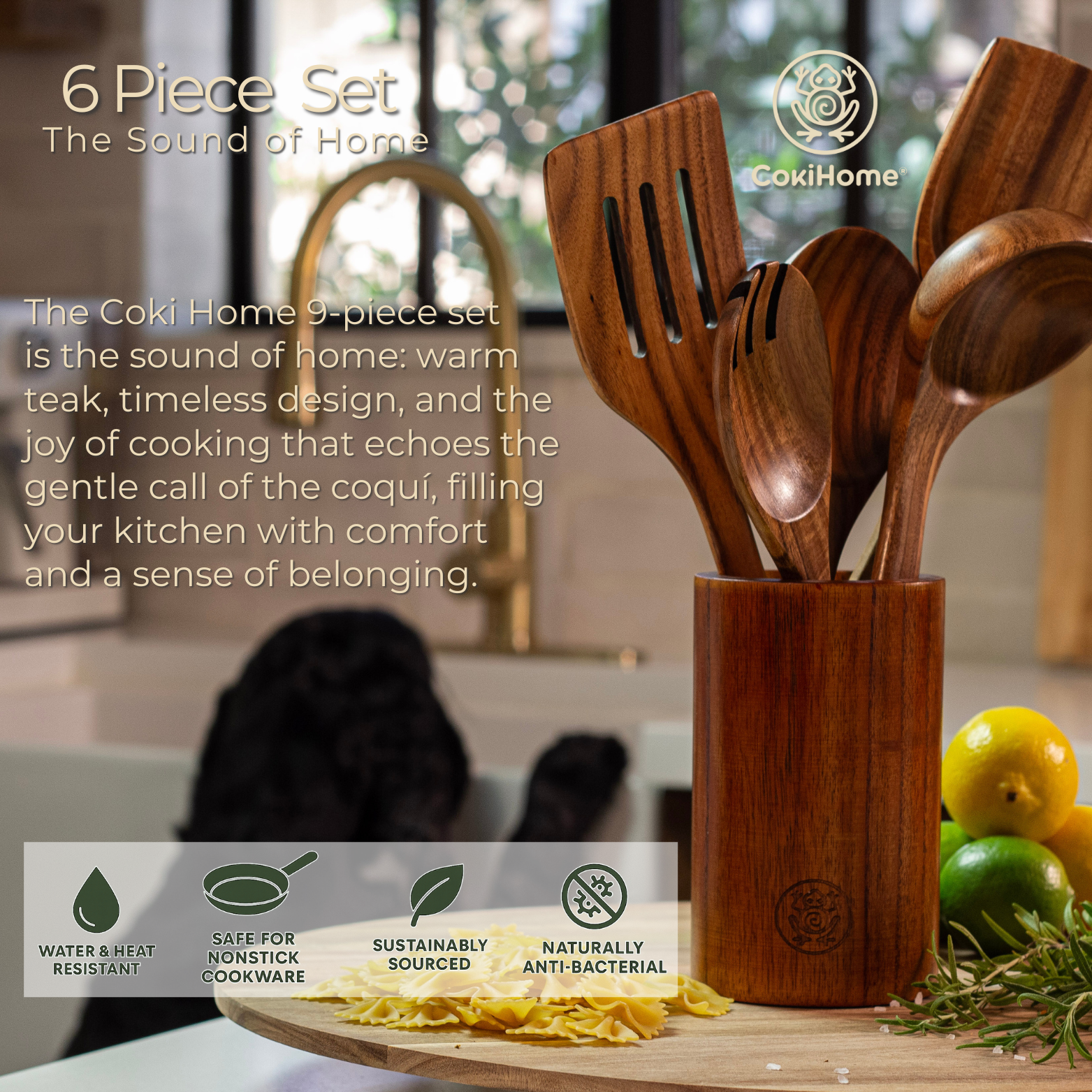 6 Piece Premium Teak Kitchen Utensils Set with Reusable Gift Bag and Holding Vase