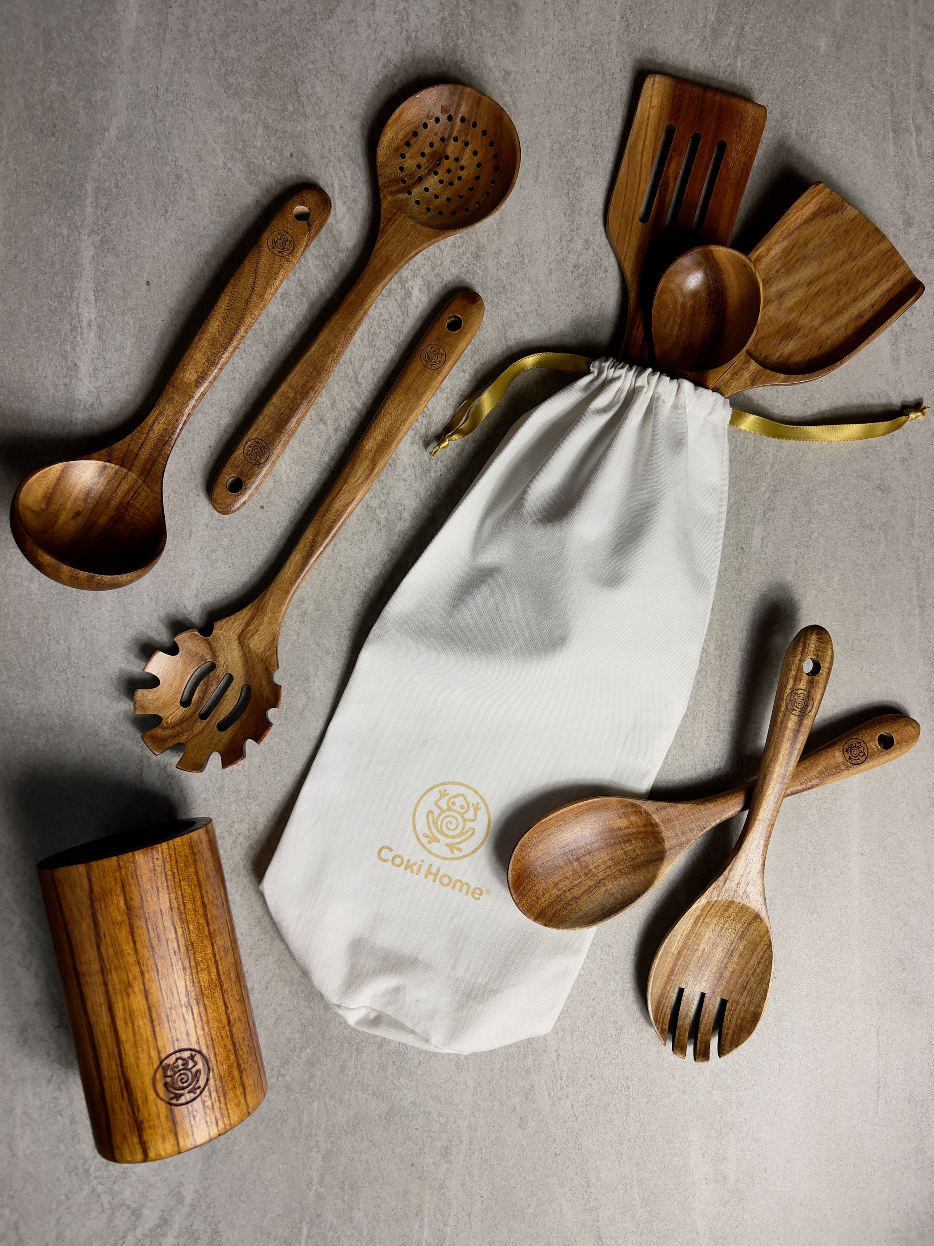 9 Piece Premium Teak Kitchen Utensils with Reusable Gift Bag and Holding Vase