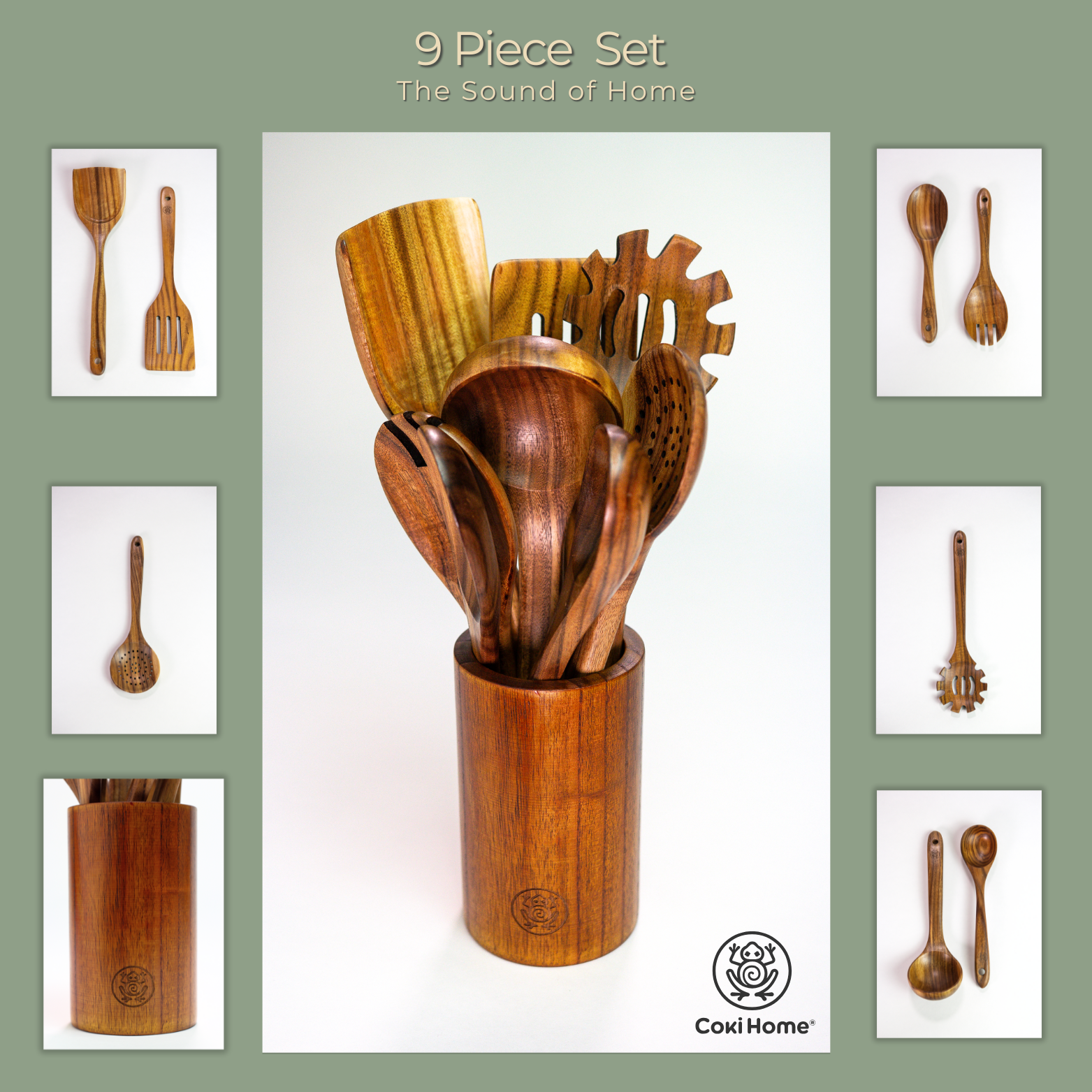 9 Piece Premium Teak Kitchen Utensils with Reusable Gift Bag and Holding Vase