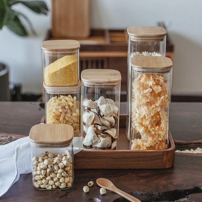 High borosilicate Glass Storage Jars with bamboo lid Square