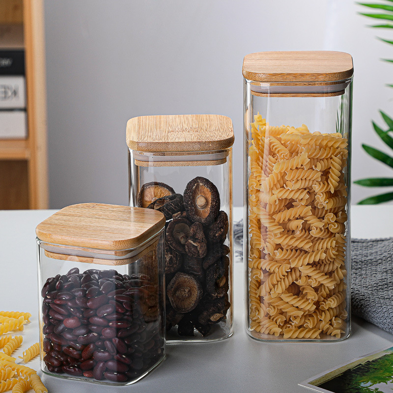 High borosilicate Glass Storage Jars with bamboo lid Square