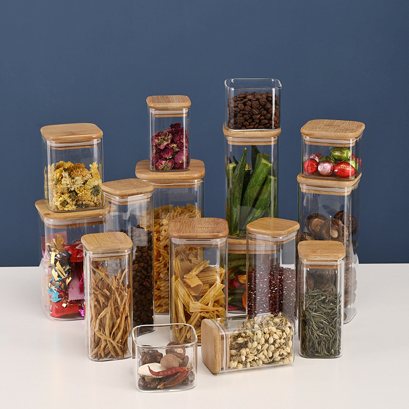 High borosilicate Glass Storage Jars with bamboo lid Square