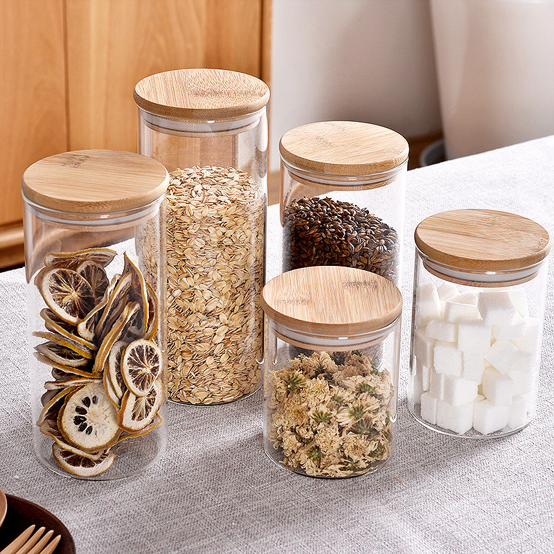 Glass food storage jar with bamboo lids Round