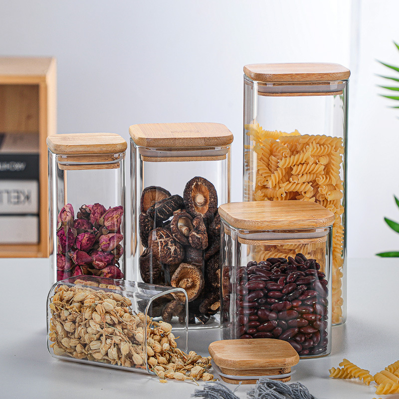 High borosilicate Glass Storage Jars with bamboo lid Square