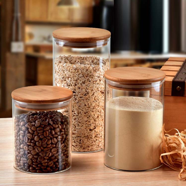 Glass food storage jar with bamboo lids Round
