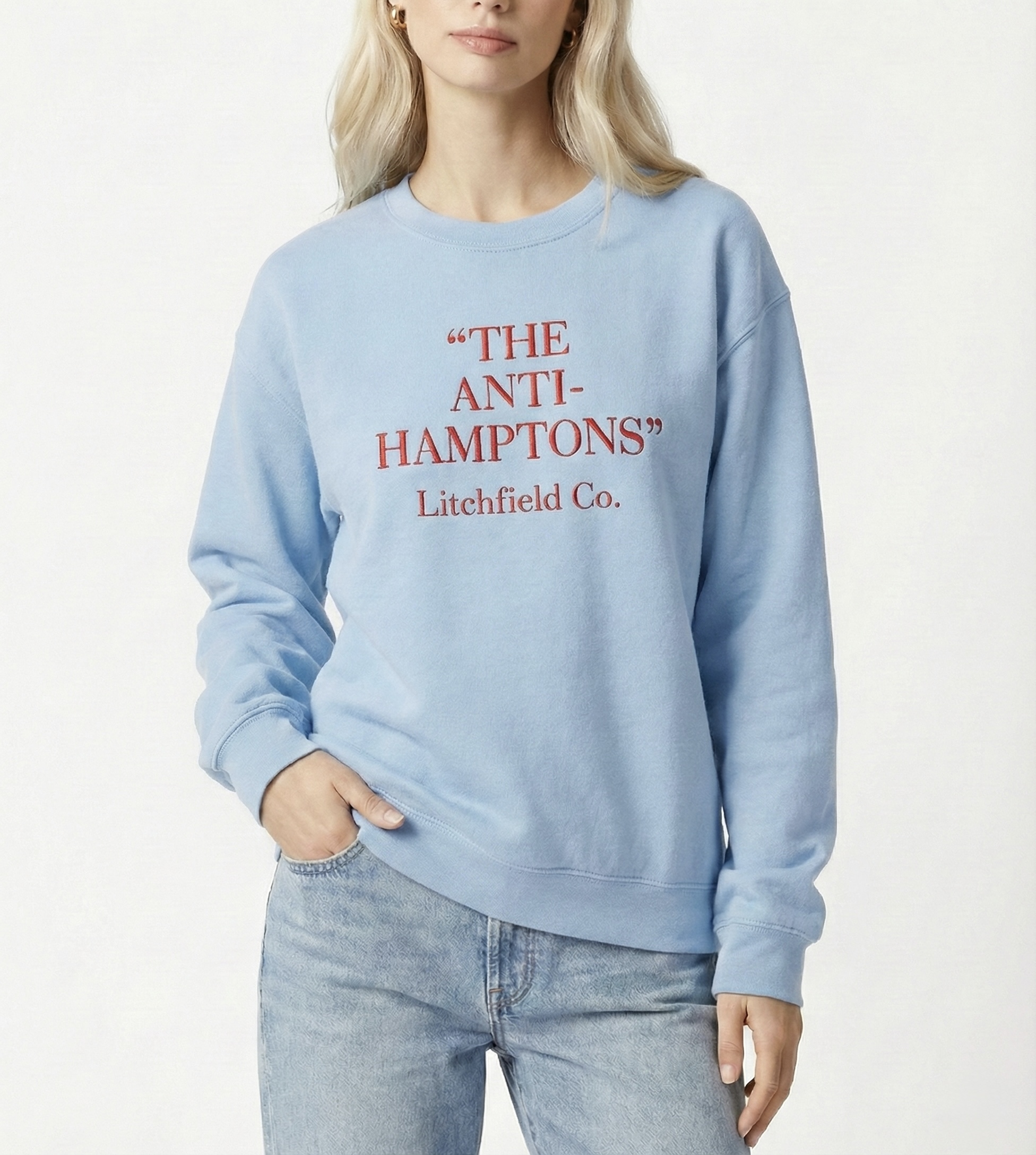 "Anti-Hamptons" ™ Crewneck Sweatshirt Light Blue