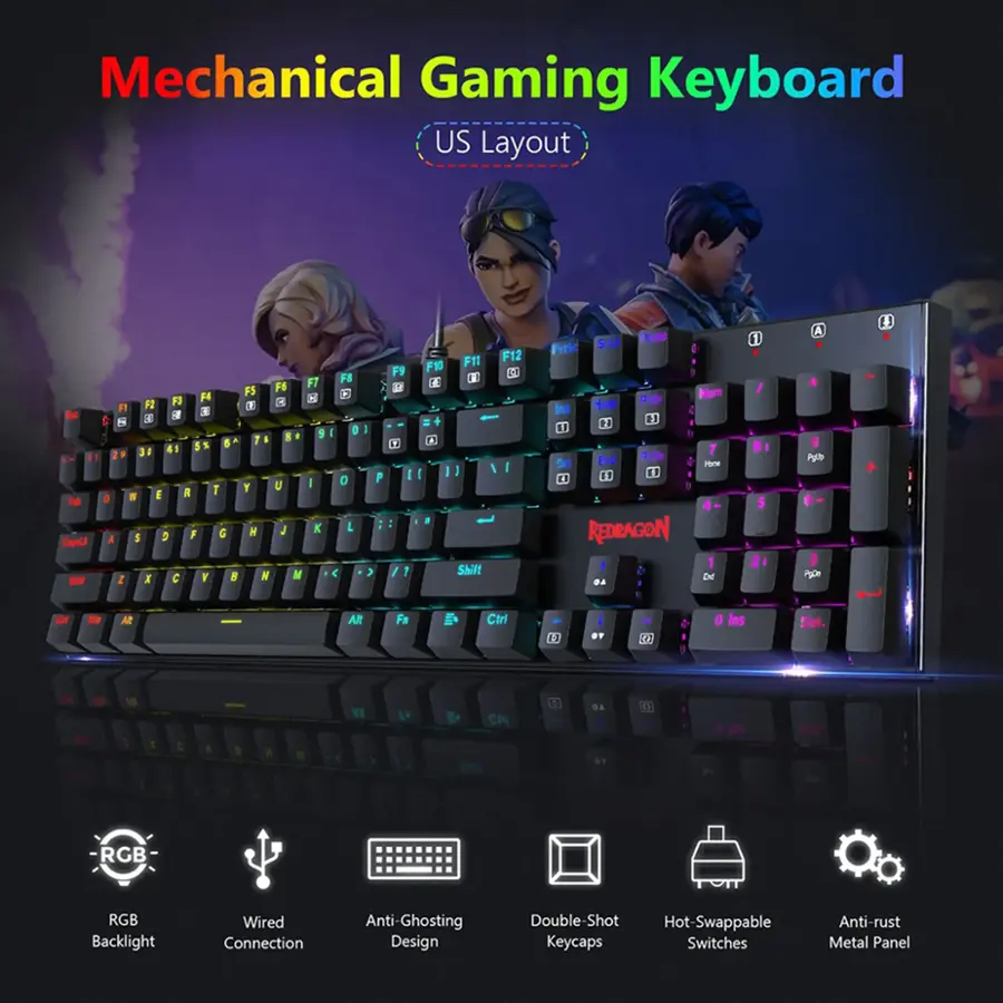 Redragon K565R RUDRA Gaming Mechanical Keyboard BLUE Switch Rainbow LED Lighting