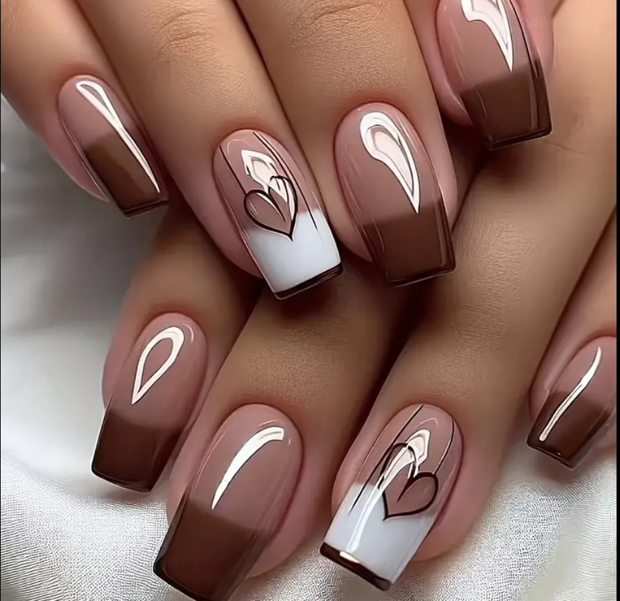 24 pcs Chocolate Brown French Manicure with Heart Accent