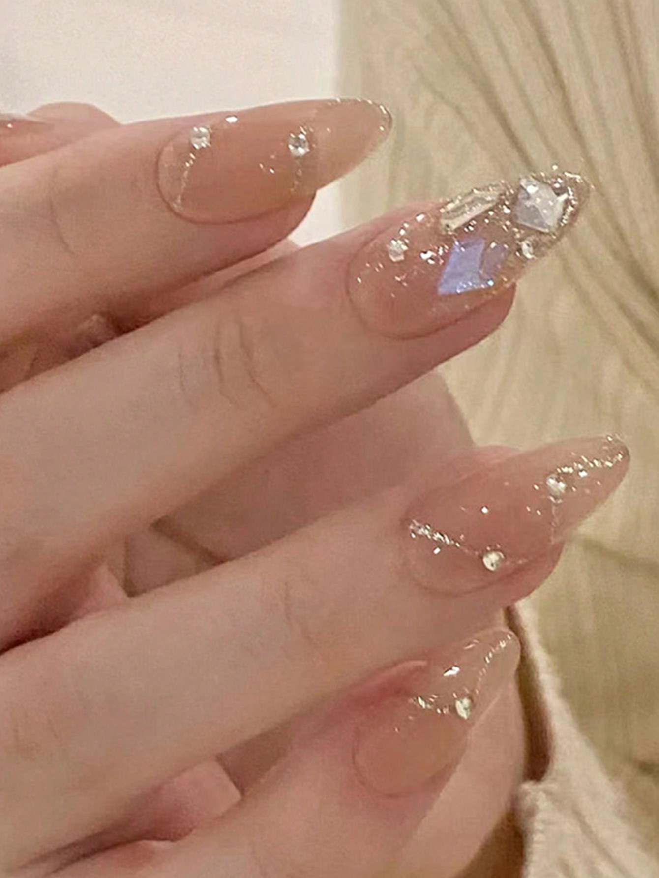 24 pcs Elegant Nude Stiletto Nails with Rhinestones