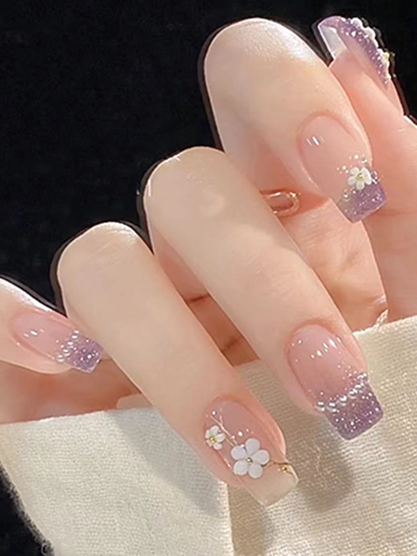 24 pcs Purple Glitter Floral Press-On Nails