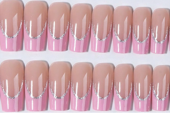 24 pcs Pink Glitter French Press-On Nails