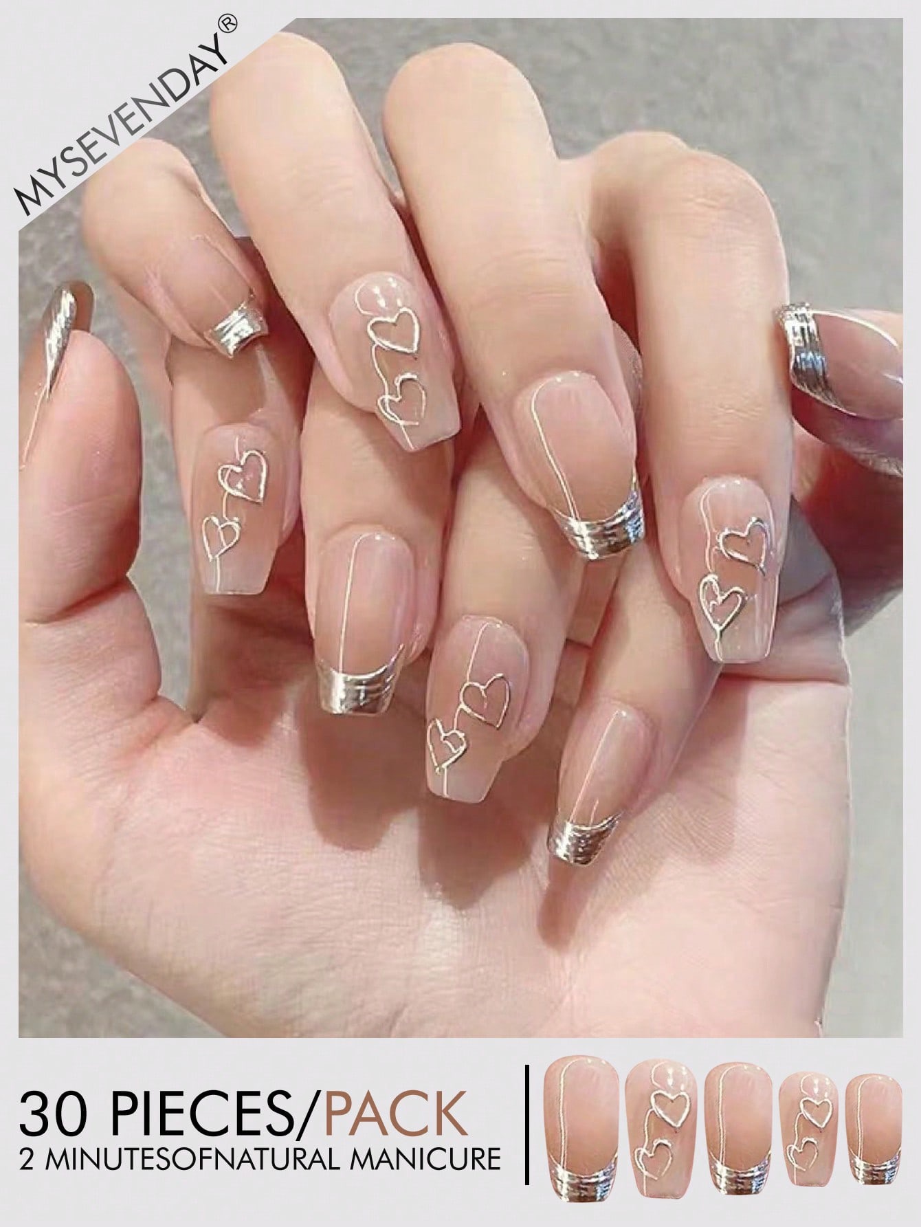 24 pcs Silver Heart French Press-On Nails