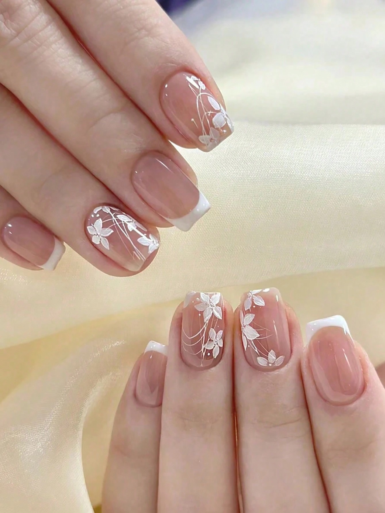 24 pc Elegant French Manicure with Floral Design