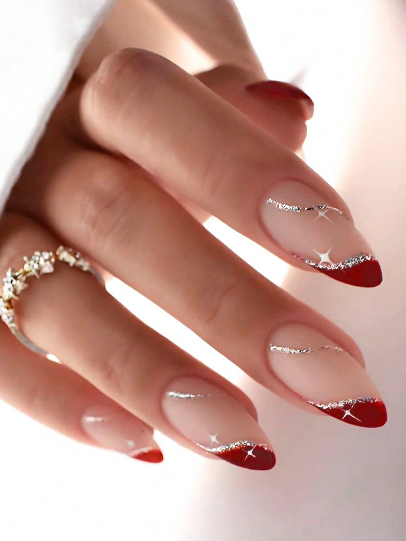 24 pcs Elegant Red-Glitter French Manicure