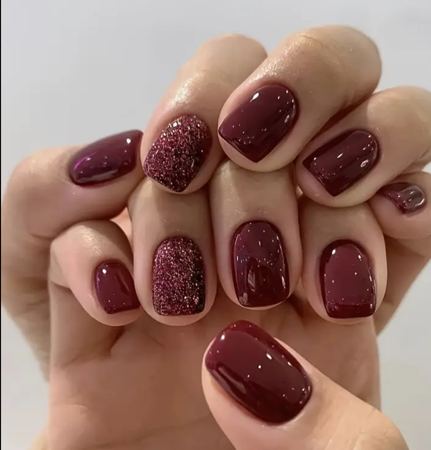 24 pcs Burgundy Glitter Gel Nail Set