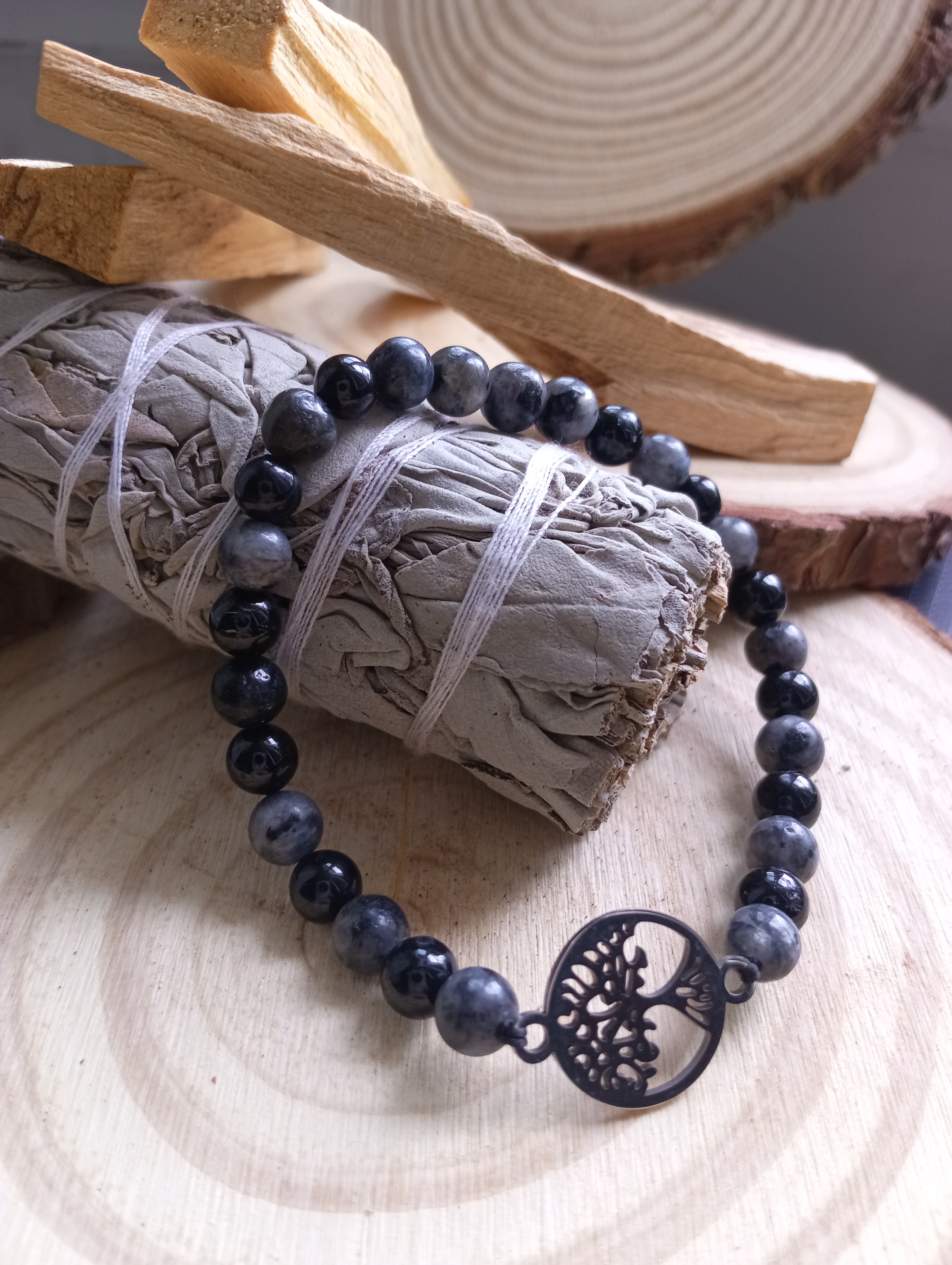 Labradorite, Tourmaline noire et arbre de vie en acier inoxydable