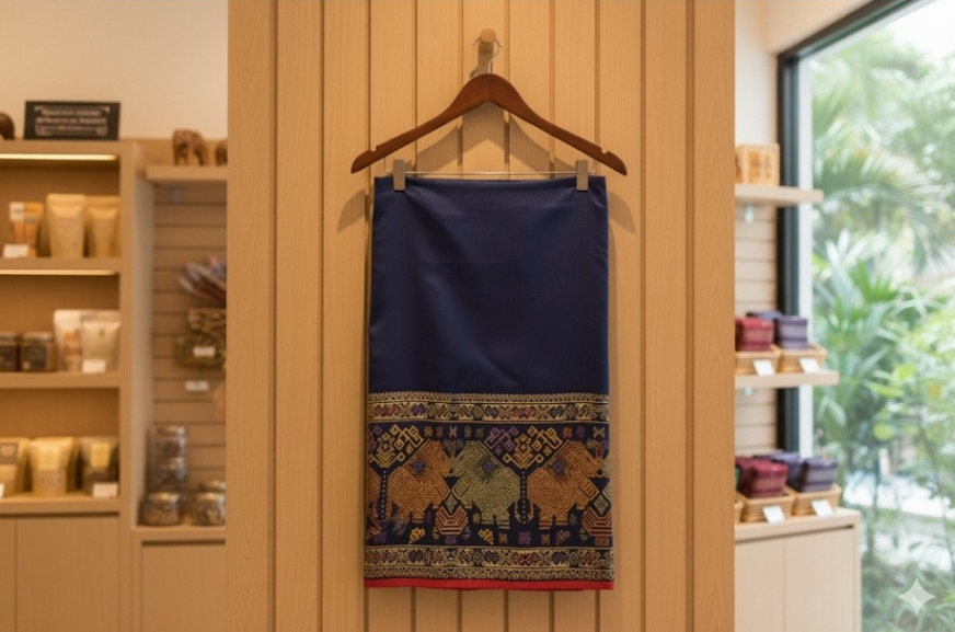 ສິ້ນສີກົມ ແລະ ຕີນສີ້ນລາຍຊ້າງ ​Traditional Lao Silk Skirt