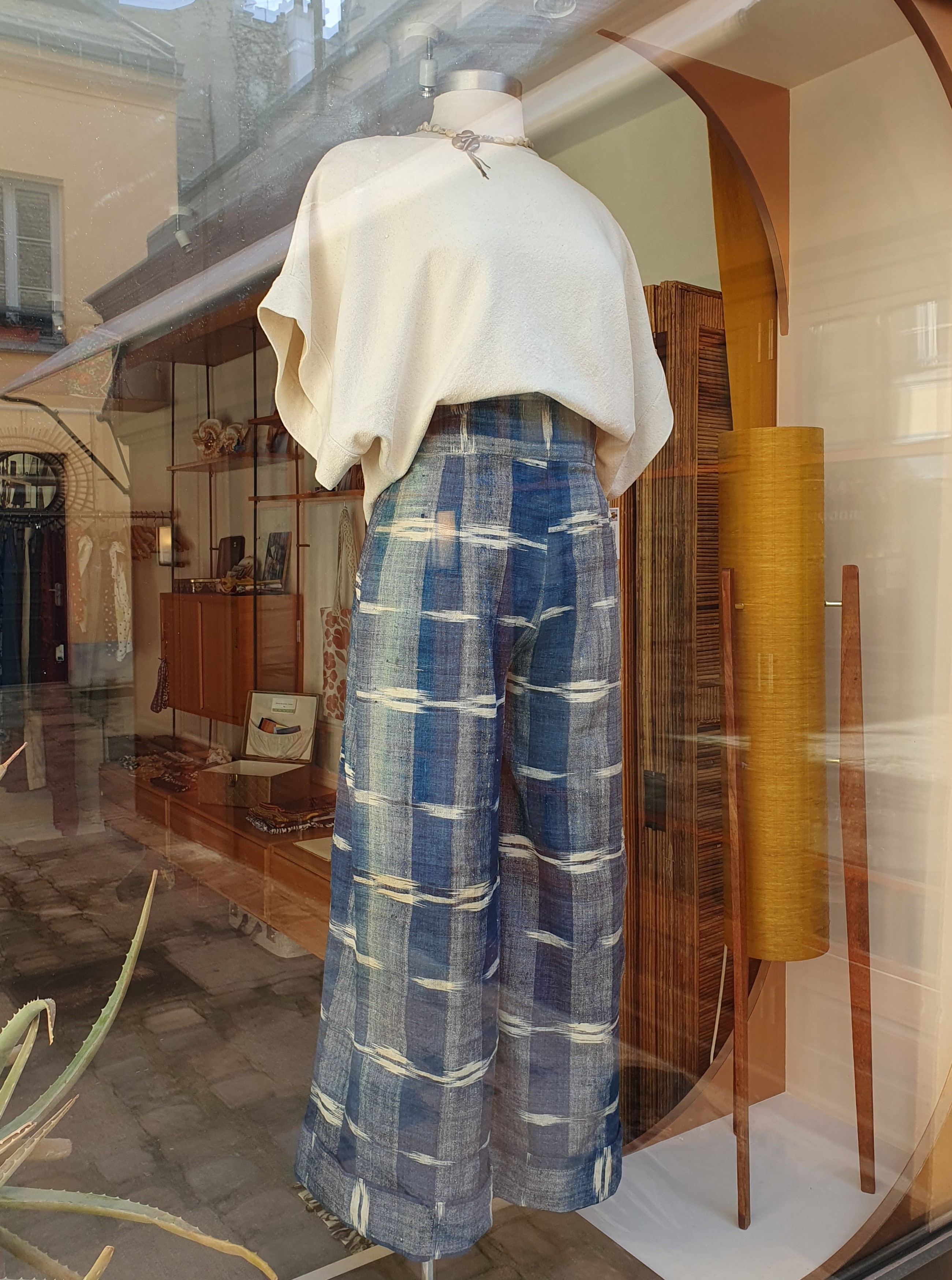 pantacourt large bleu/blanc