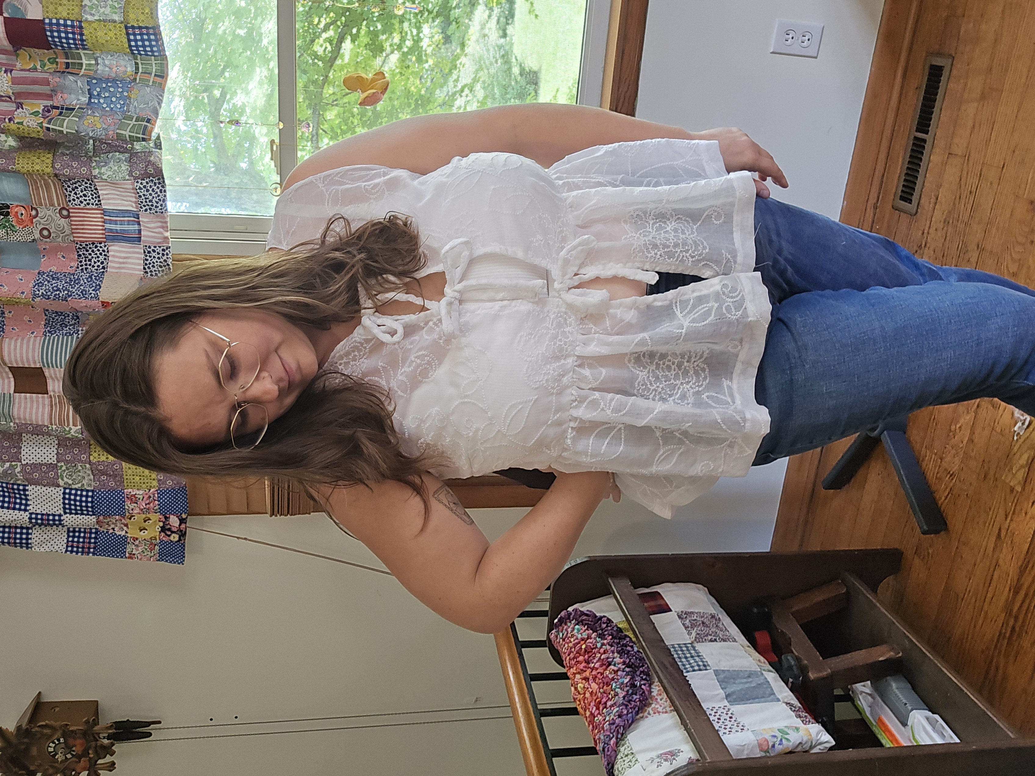 White Lace Tie Front Top