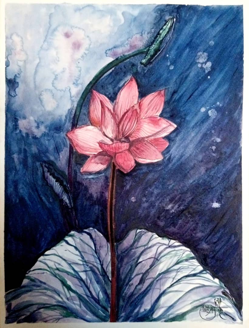 [The Pink Lotus Flower] Chinese Mineral Art Painting 11.7x16.5 inches (A3)
