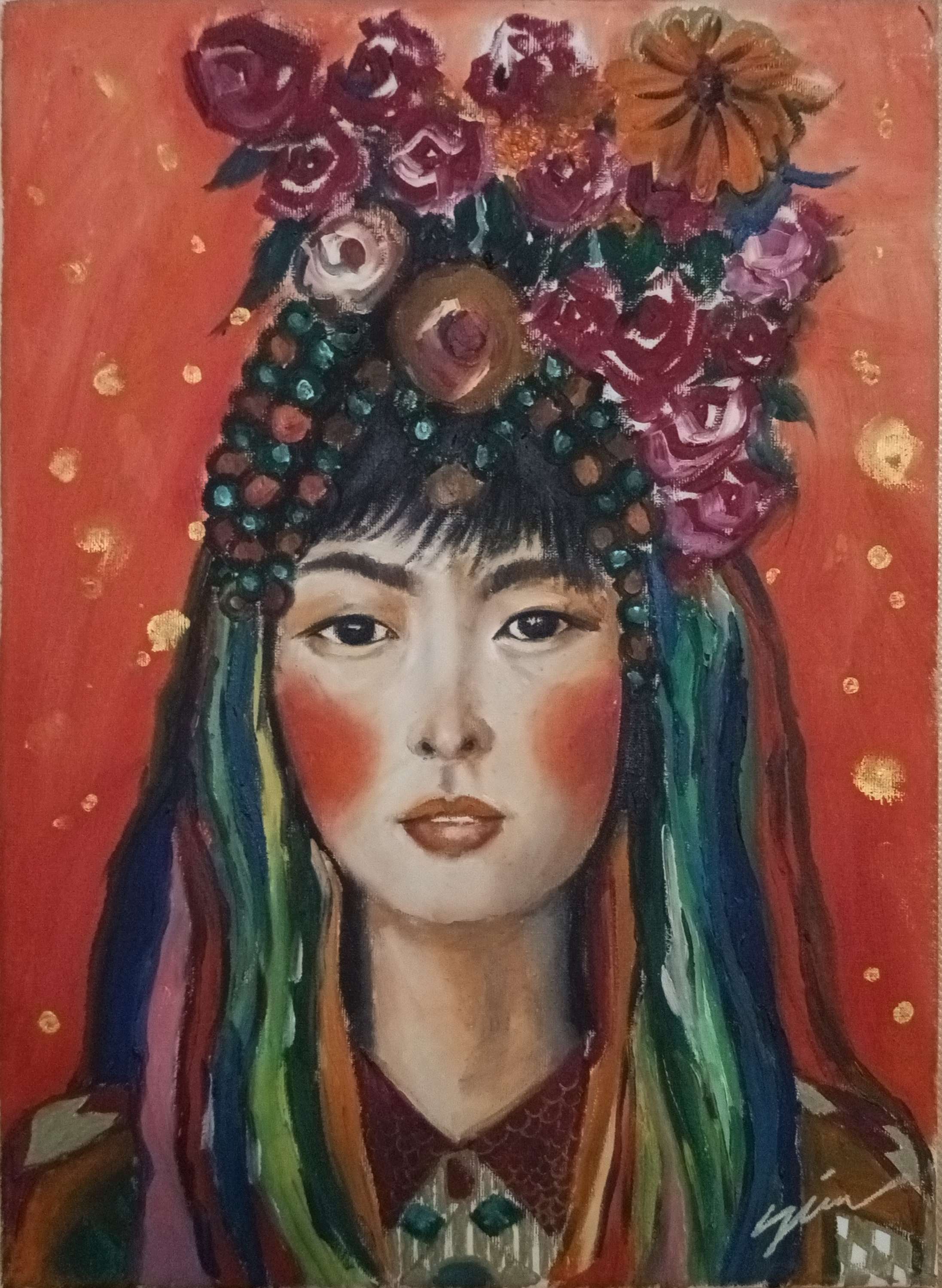 [The Mongolian] Hand-Painted Portrait with Floral Headdress in Oil Painting 11.7x16.5 inches (A3)