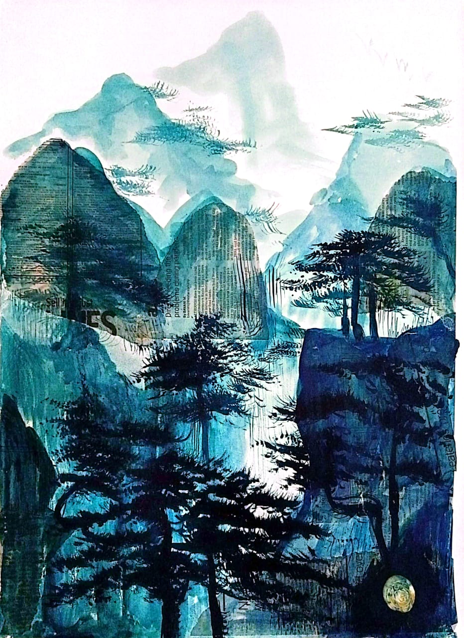 [ The Blue Mont] Watercolor with collage on paper.
