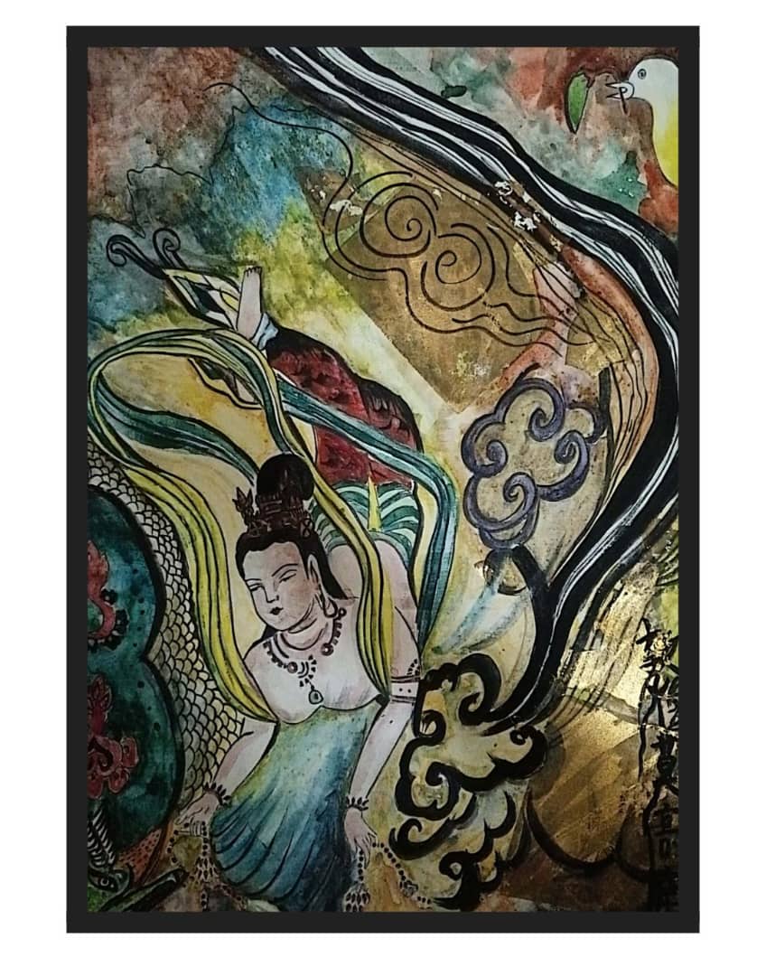 [The Flying Apsara] Chinese Mineral Art on Canvas Panel