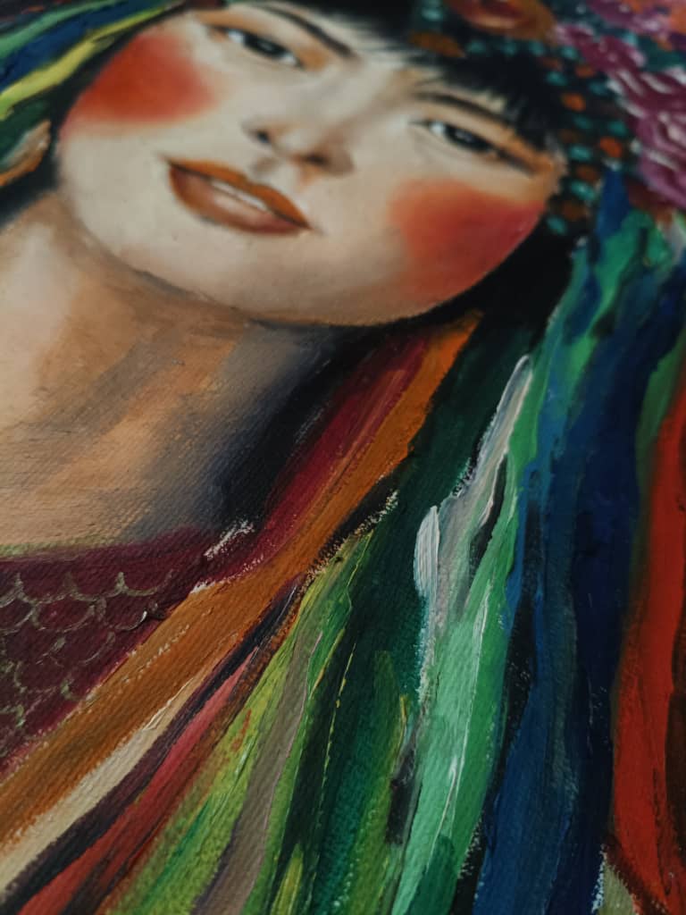 [The Mongolian] Hand-Painted Portrait with Floral Headdress in Oil Painting 11.7x16.5 inches (A3)