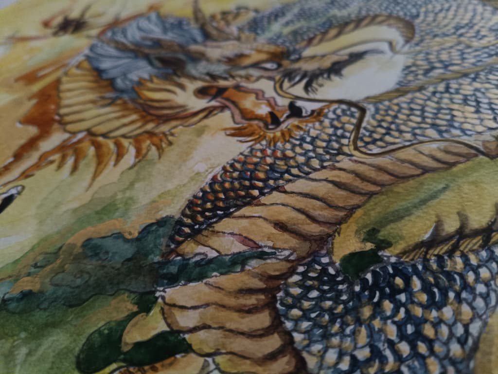 [The Golden Chinese Dragon] Watercolor Painting