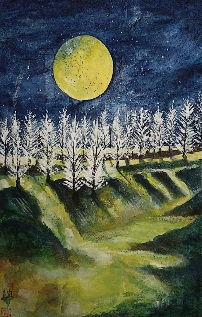 [The Moon] Chinese Mineral Art on Canvas Panel